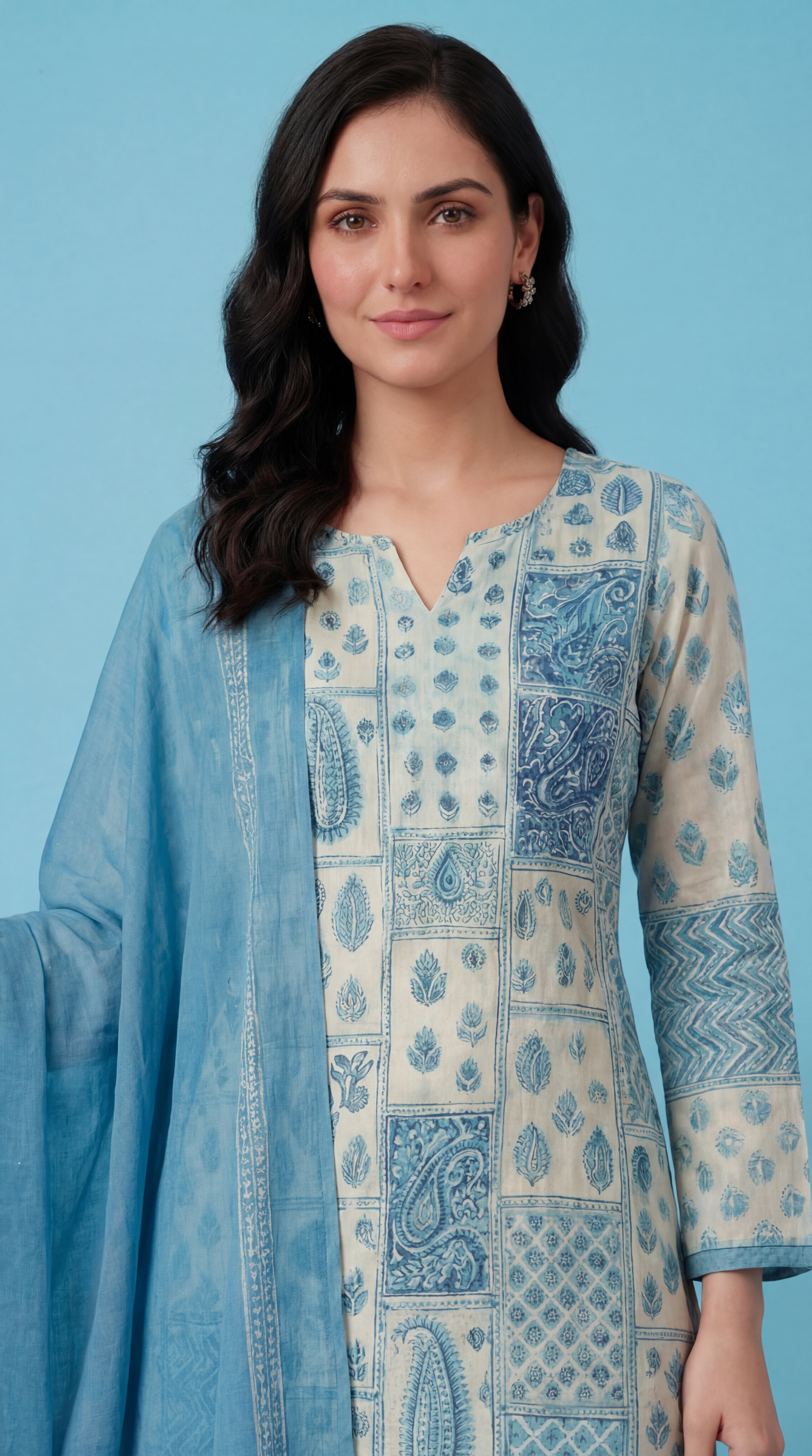 Women's Blue & Grey Cotton Printed Kurta Set with Dupatta and Salwar