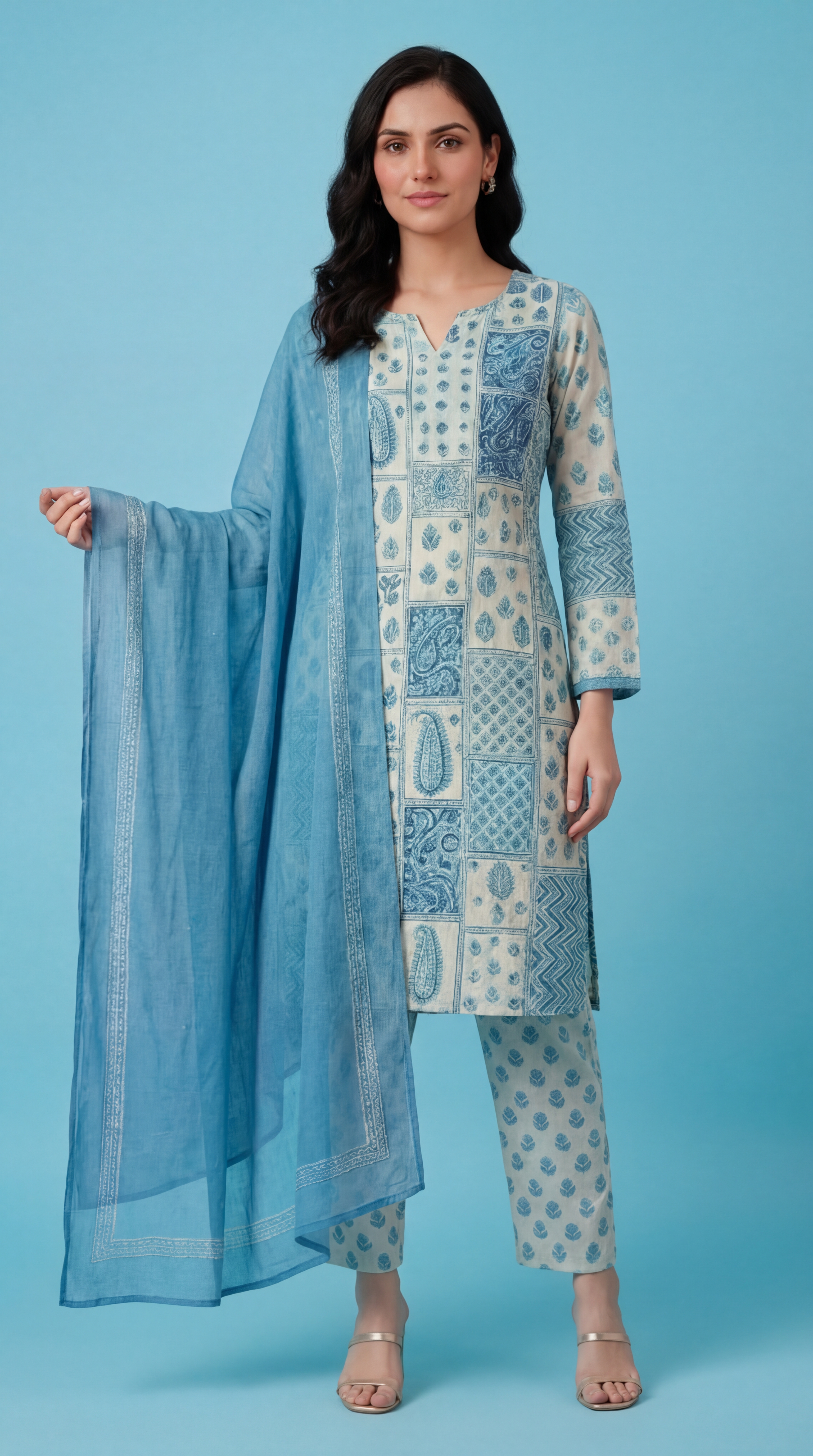 Women's Blue & Grey Cotton Printed Kurta Set with Dupatta and Salwar