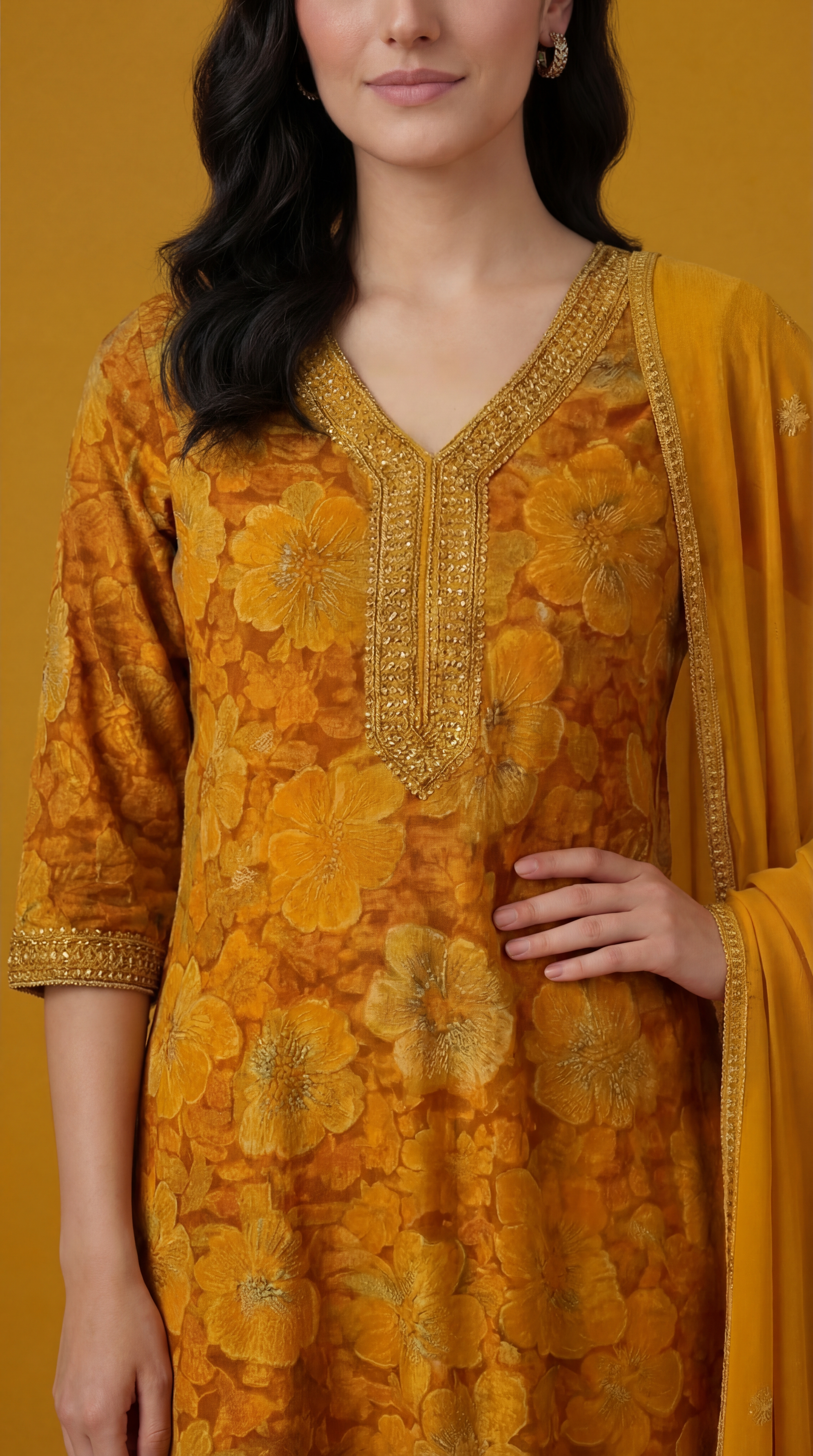 Women's Yellow Floral Printed Cotton Kurta Set with Dupatta & Sequin Embellishments