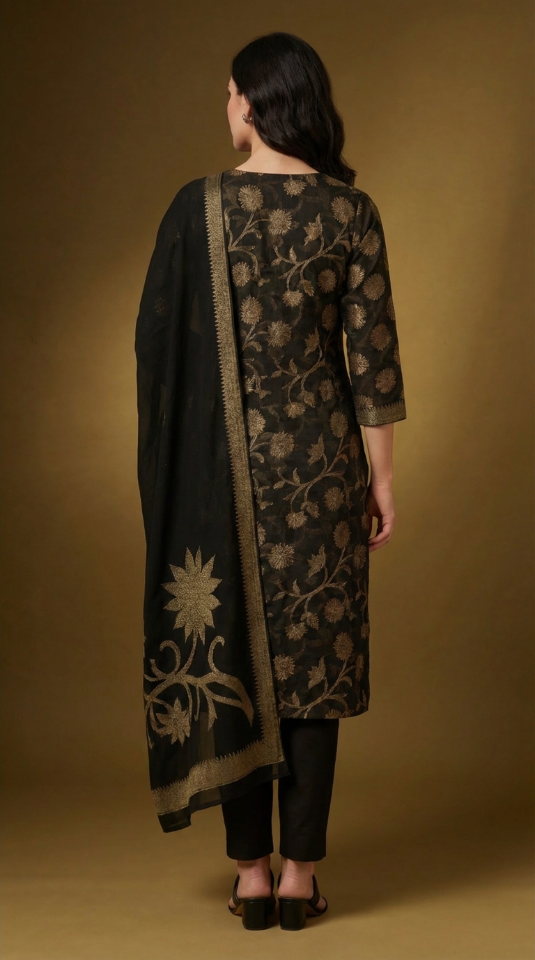 Women's Black & Gold Floral Printed Cotton Kurta Set with Dupatta – Festive & Party Wear