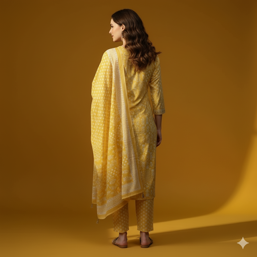 Pure Cotton Yellow Floral Printed Salwar Kurta Dupatta Set | 3-Piece Summer Ethnic Suit for Women