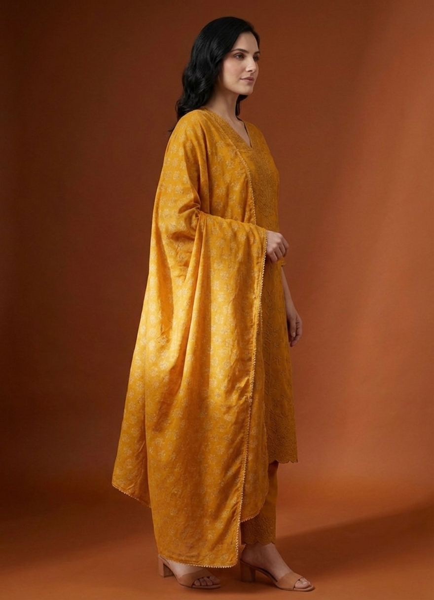 Women's Orange & Gold Embroidered Cotton Kurta Set with Dupatta – Festive & Party Wear