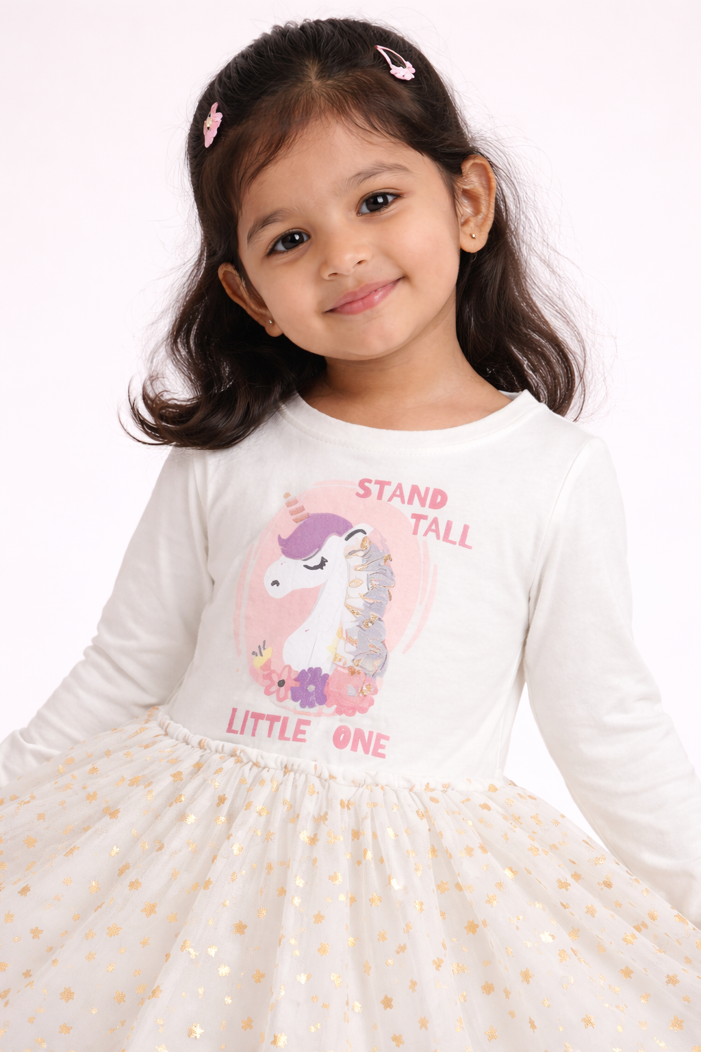 Girls White Unicorn Printed Party Dress with Gold Star Net Skirt