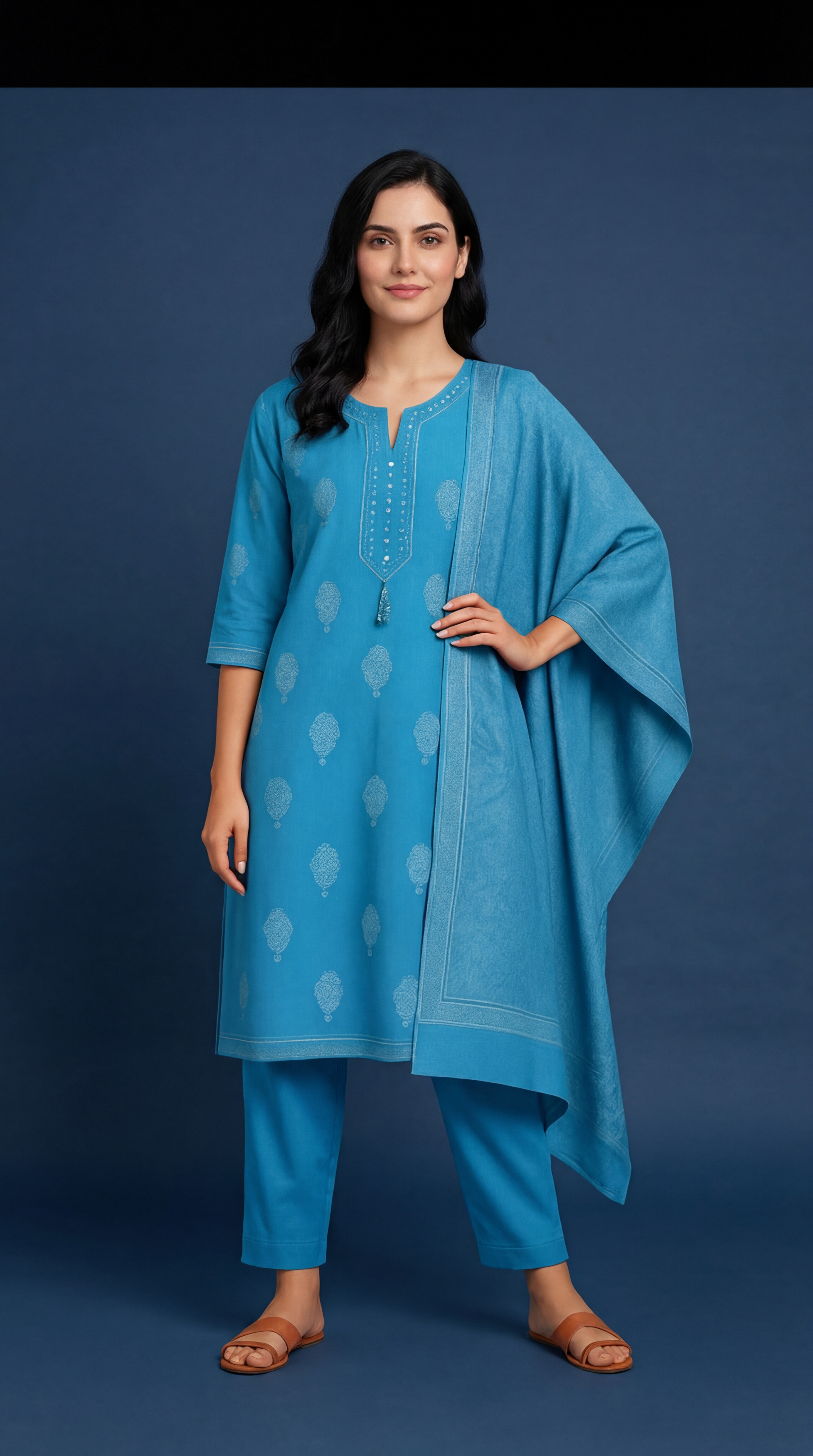 Women's Blue Pure Cotton Kurta Set | Printed Kurti with Tassel Detailing | Salwar & Dupatta | Casual & Office Wear