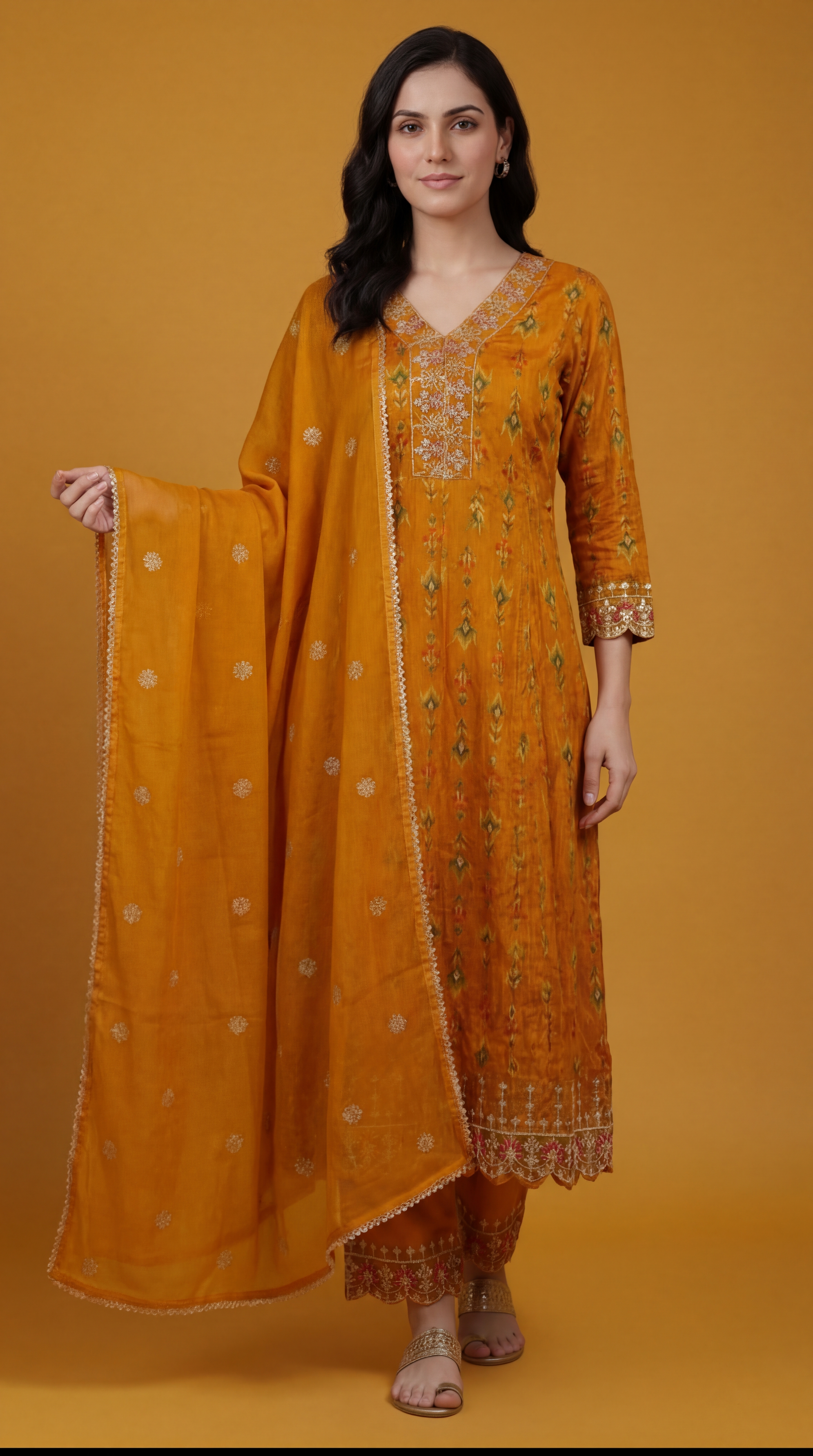 Pure Heavy Chiffon Mustard Floral Printed & Silver Embroidered Kurta Set | 3-Piece Festive Salwar Suit with Dupatta