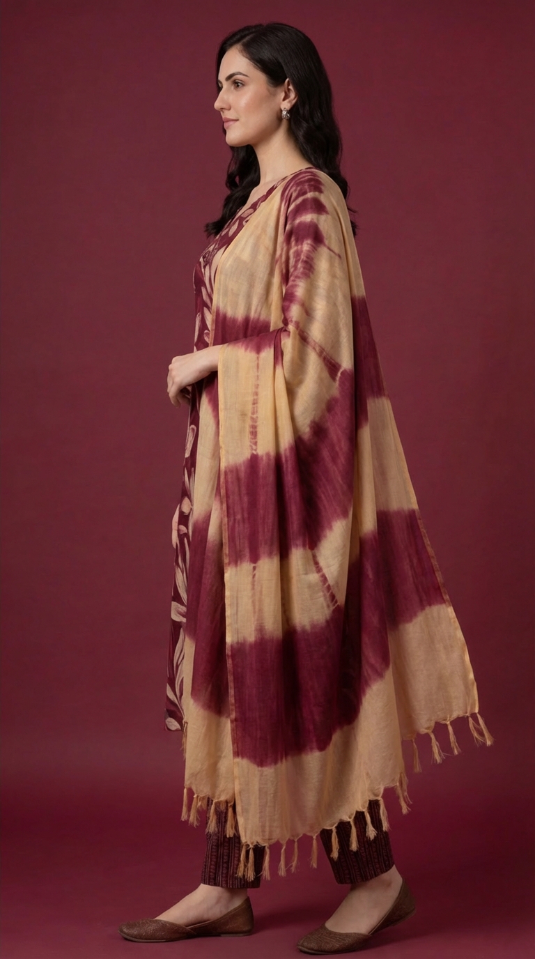 Women's Maroon Cotton Kurta Salwar Dupatta Set | Floral Printed Kurti with Tie-Dye Dupatta | Casual & Festive Ethnic Wear