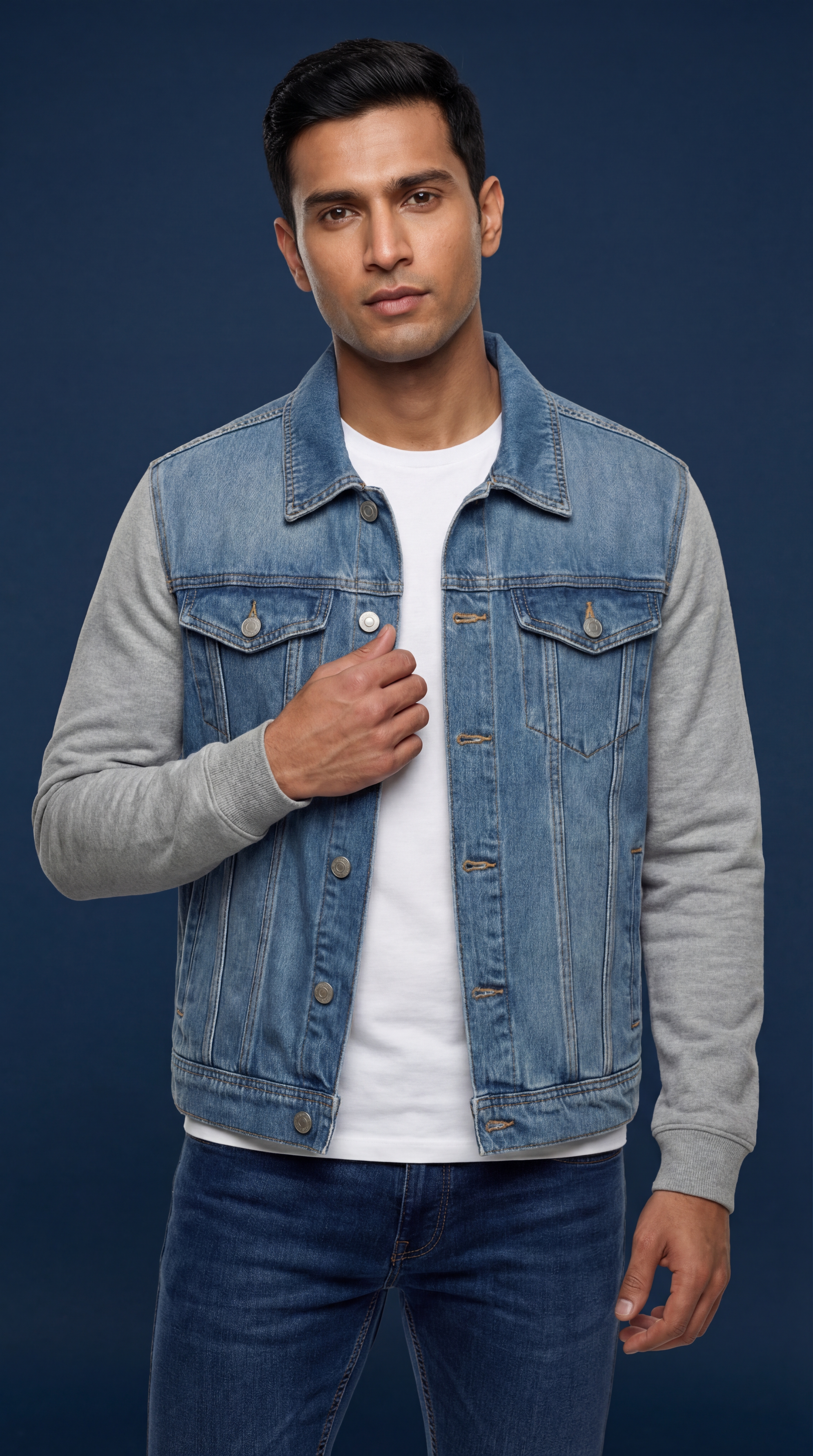Men's Premium Blue & Grey Hybrid Denim Jacket | Contrast Sleeve Trucker Jacket for Casual Layering