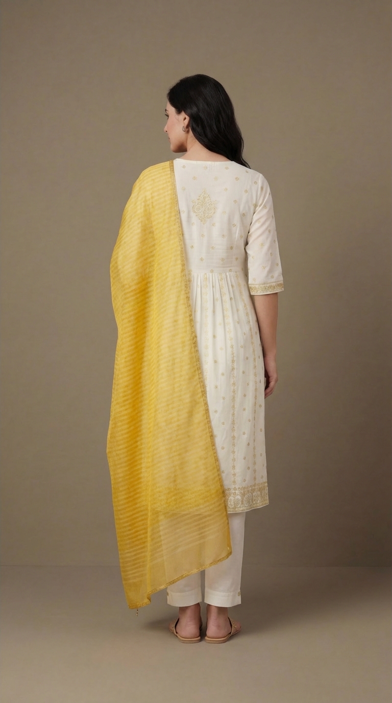 Women's White & Gold Embroidered Cotton Anarkali Kurta Set with Tie-Dye Dupatta