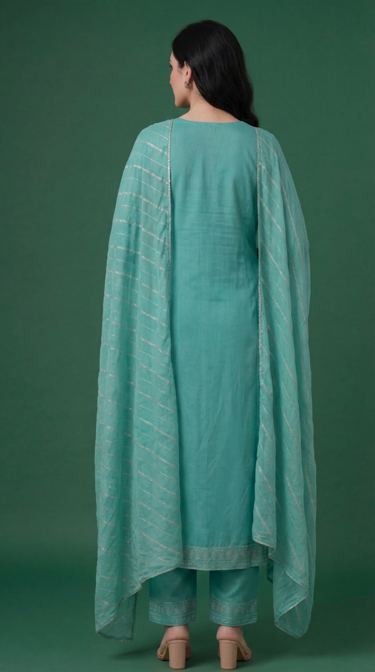 Women's Turquoise & Silver Embroidered Cotton Anarkali Kurta Set with Dupatta