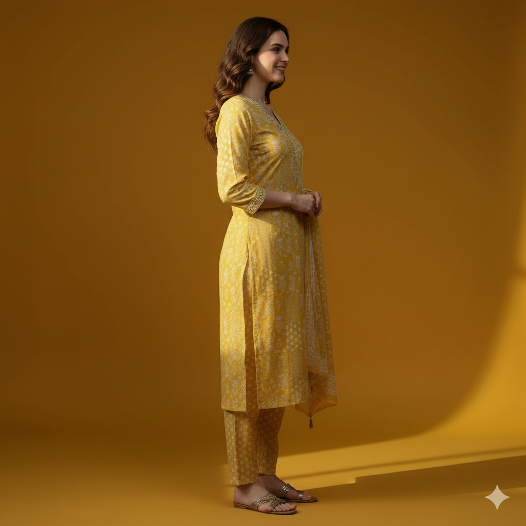 Pure Cotton Yellow Floral Printed Salwar Kurta Dupatta Set | 3-Piece Summer Ethnic Suit for Women