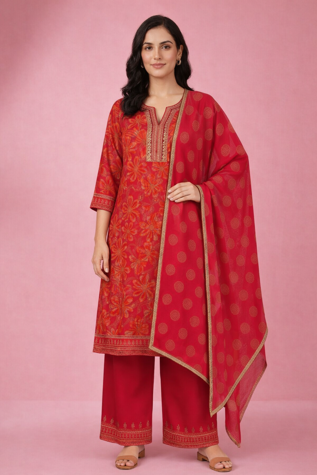 Women's Red Floral Printed Cotton Kurta Set with Palazzo & Embellished Dupatta