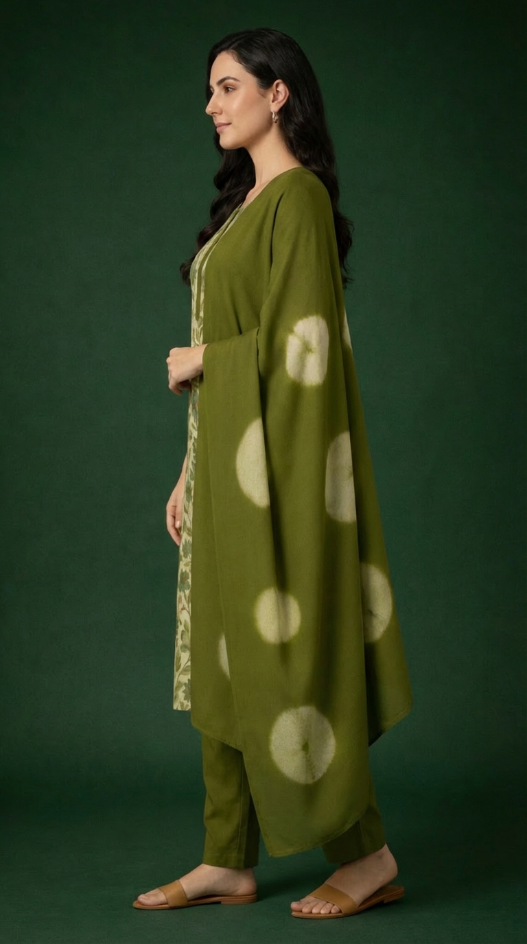 Women's Green Floral Printed Muslin Cotton Kurta Set with Asymmetric Kaftan Style Dupatta
