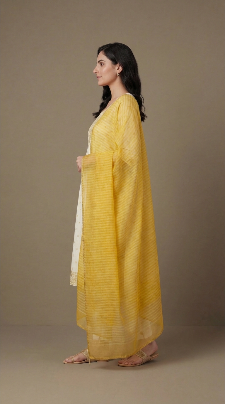 Women's White & Gold Embroidered Cotton Anarkali Kurta Set with Tie-Dye Dupatta