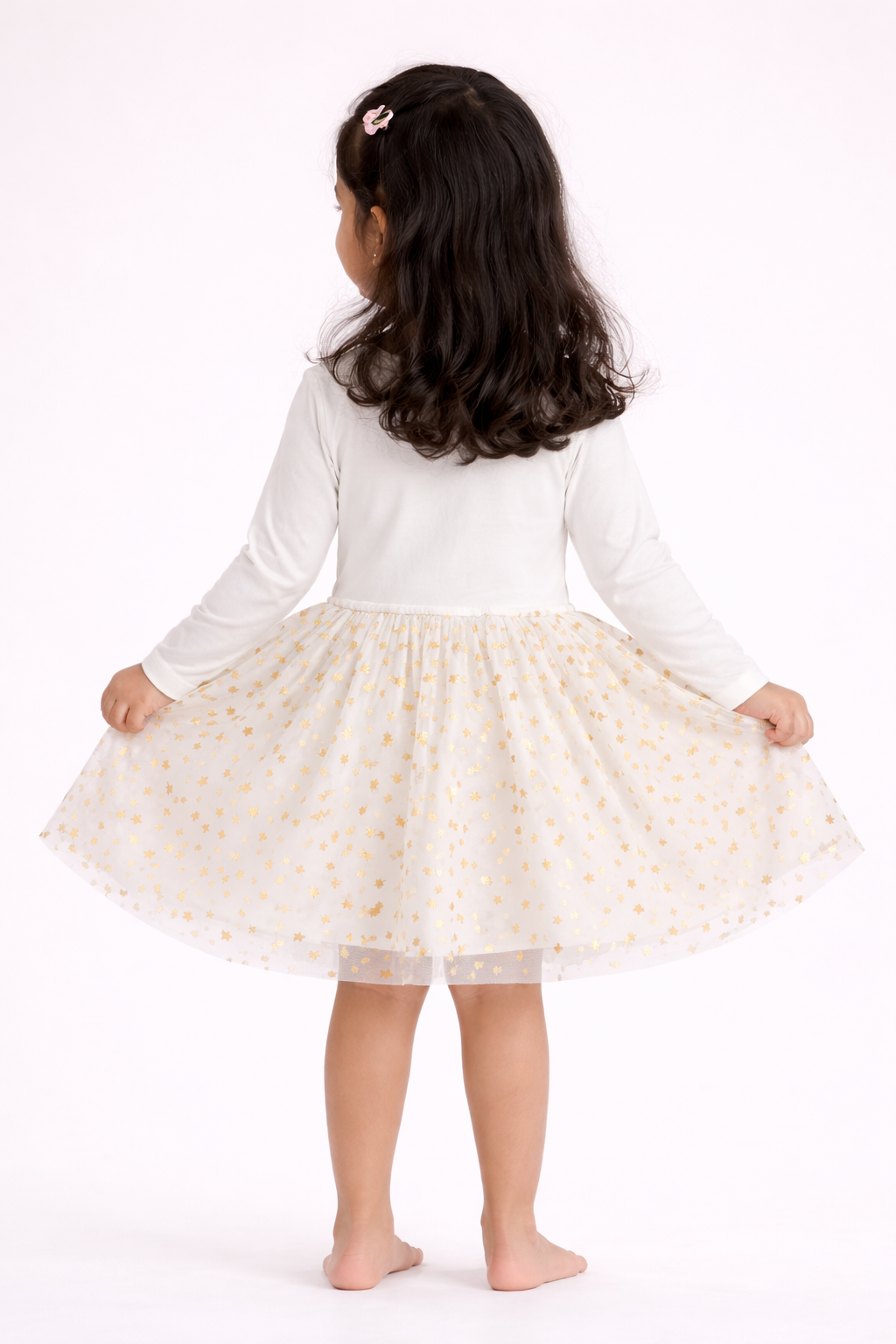 Girls White Unicorn Printed Party Dress with Gold Star Net Skirt