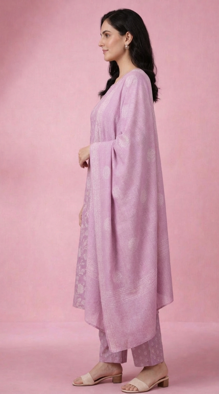 Women's Lavender Pink Pure Cotton Kurta Set | Printed Kurti with Salwar & Dupatta | Casual & Daily Wear Ethnic Suit