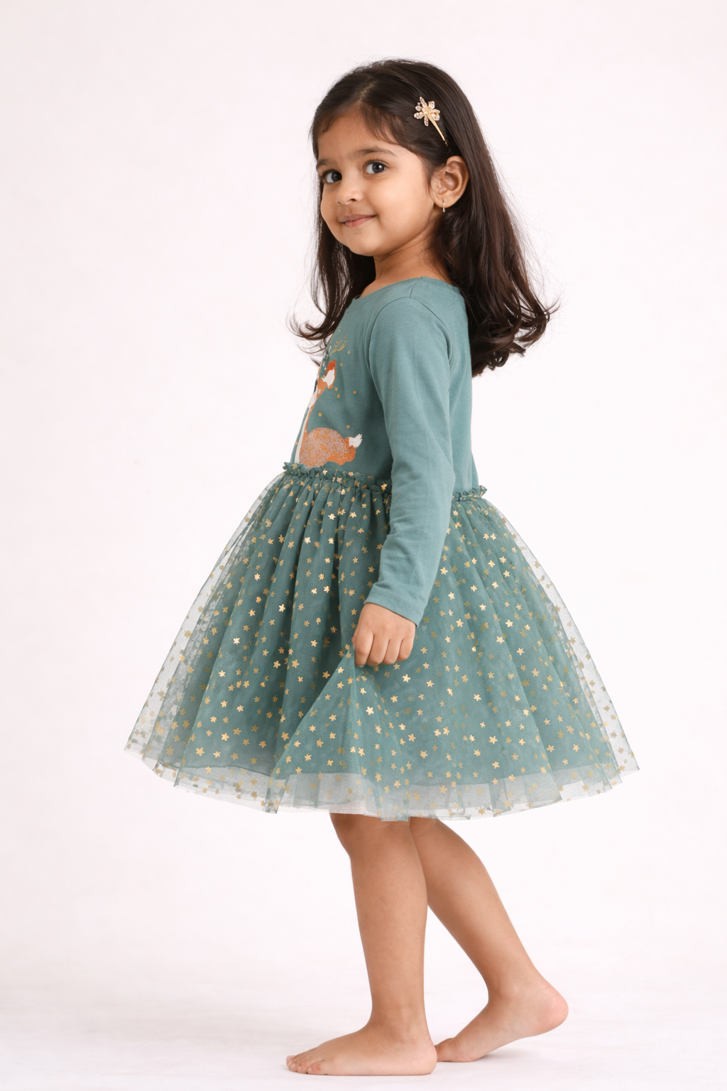 Girls Green Party Wear Frock Dress with Net Skirt