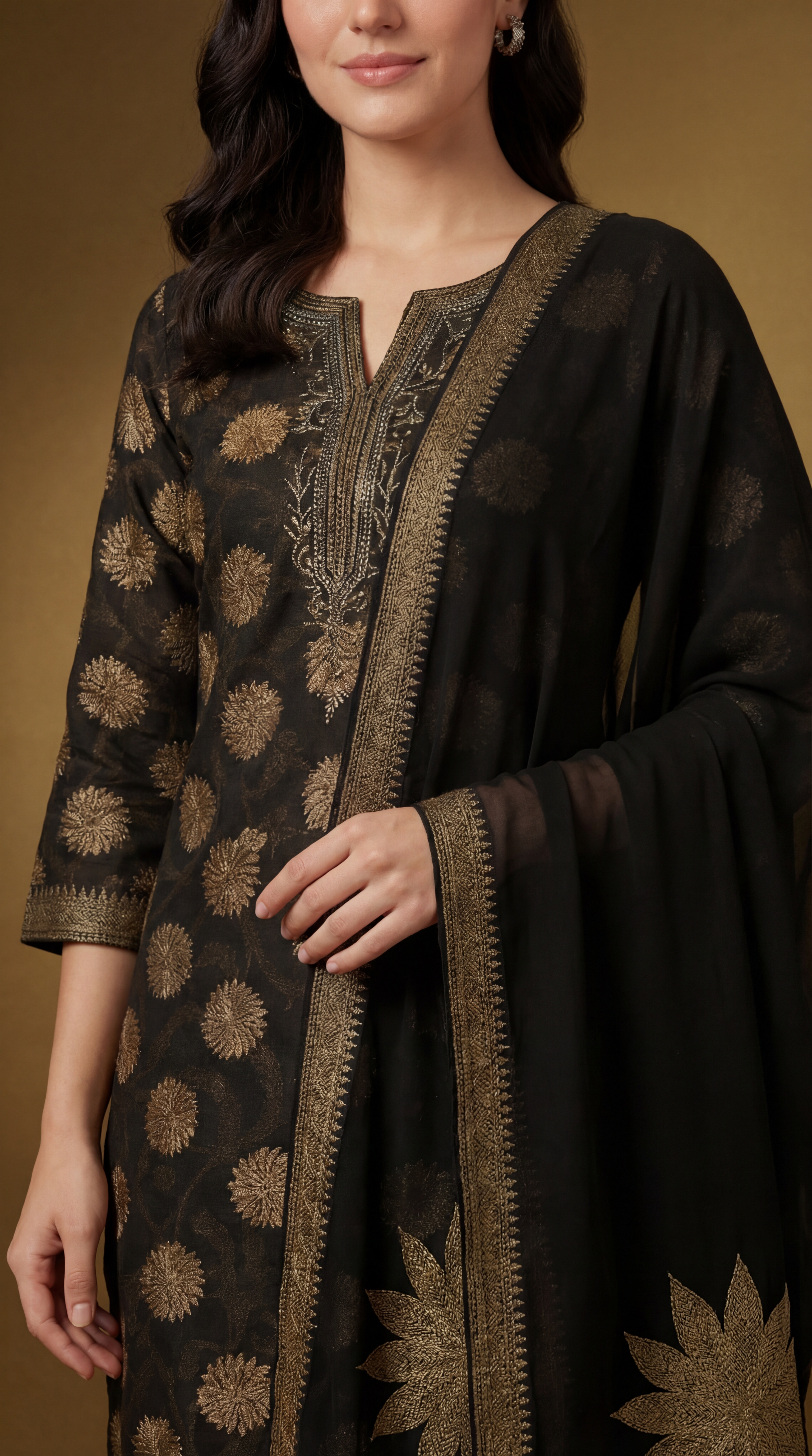 Women's Black & Gold Floral Printed Cotton Kurta Set with Dupatta – Festive & Party Wear