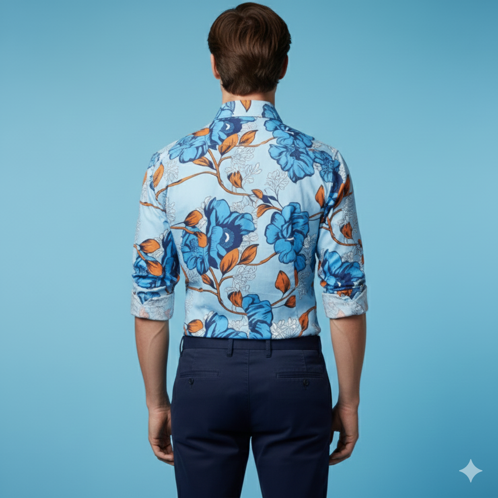 Men’s Blue Printed Cotton Shirt | Regular Fit Casual Shirt for Men