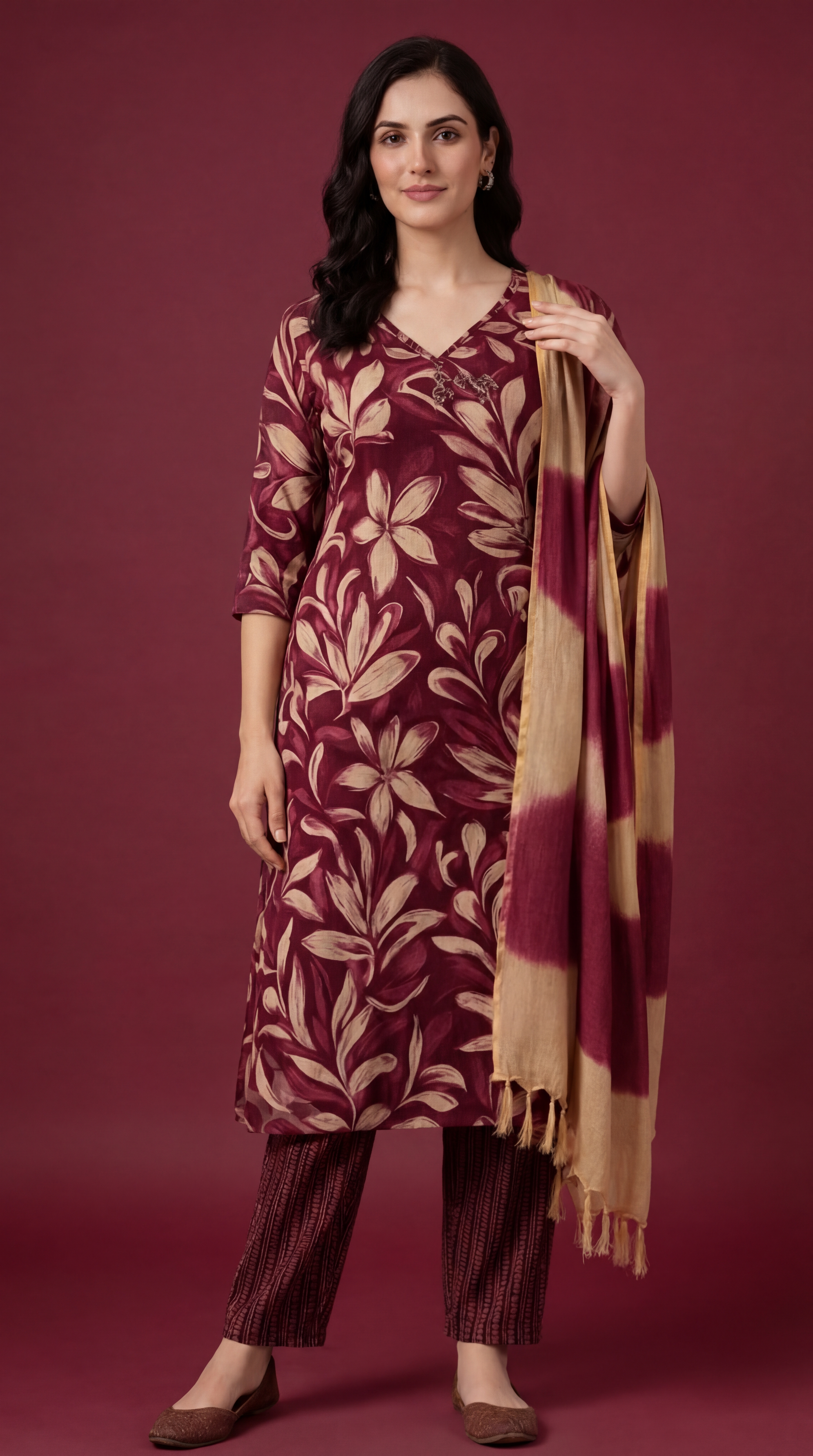 Women's Maroon Cotton Kurta Salwar Dupatta Set | Floral Printed Kurti with Tie-Dye Dupatta | Casual & Festive Ethnic Wear