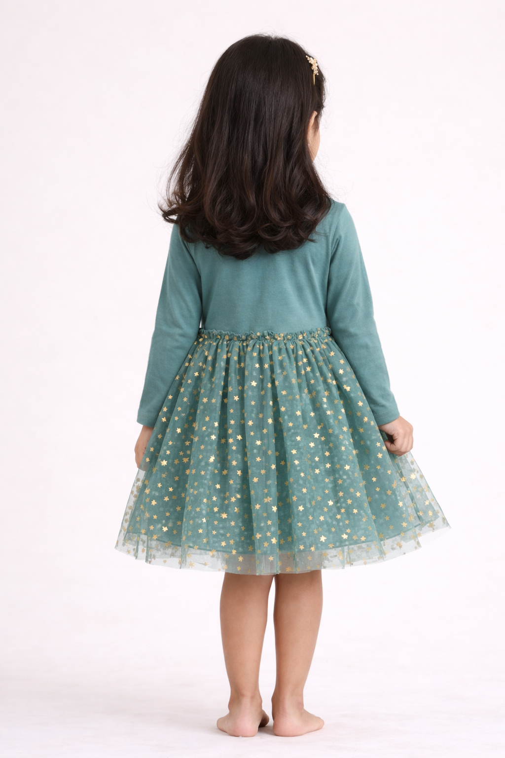 Girls Green Party Wear Frock Dress with Net Skirt