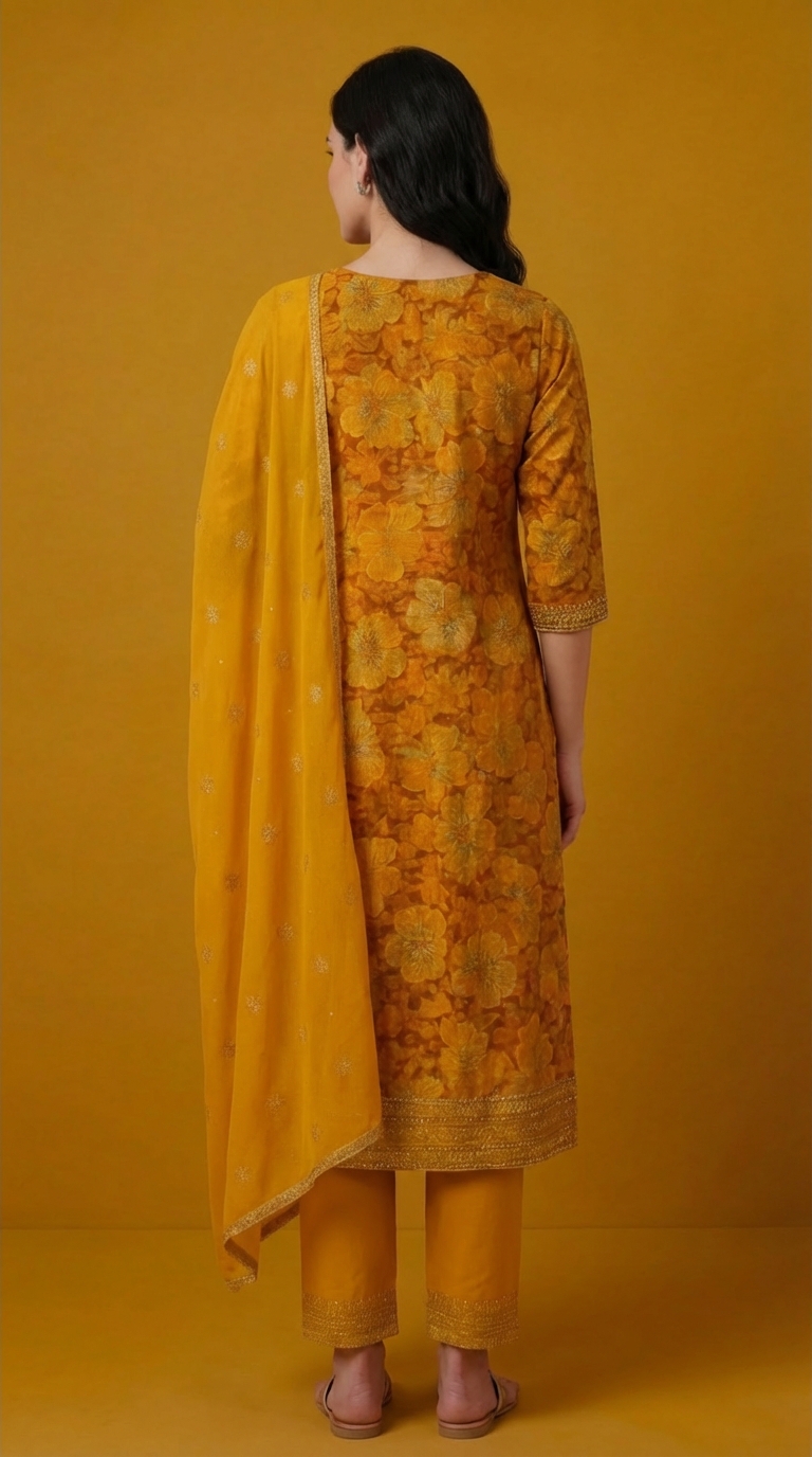 Women's Yellow Floral Printed Cotton Kurta Set with Dupatta & Sequin Embellishments