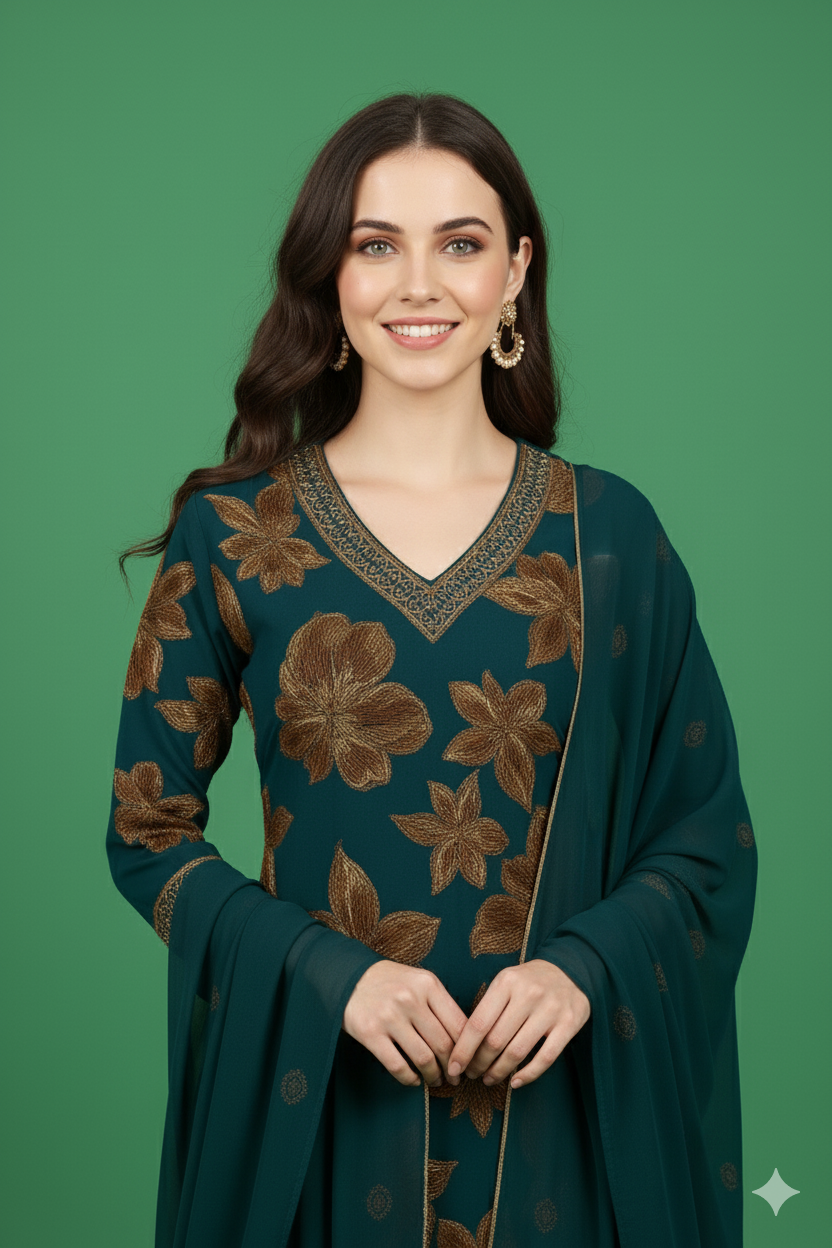 Designer Green Floral Embroidered Kurta Pant Dupatta Set | Festive Georgette Ethnic Suit for Women