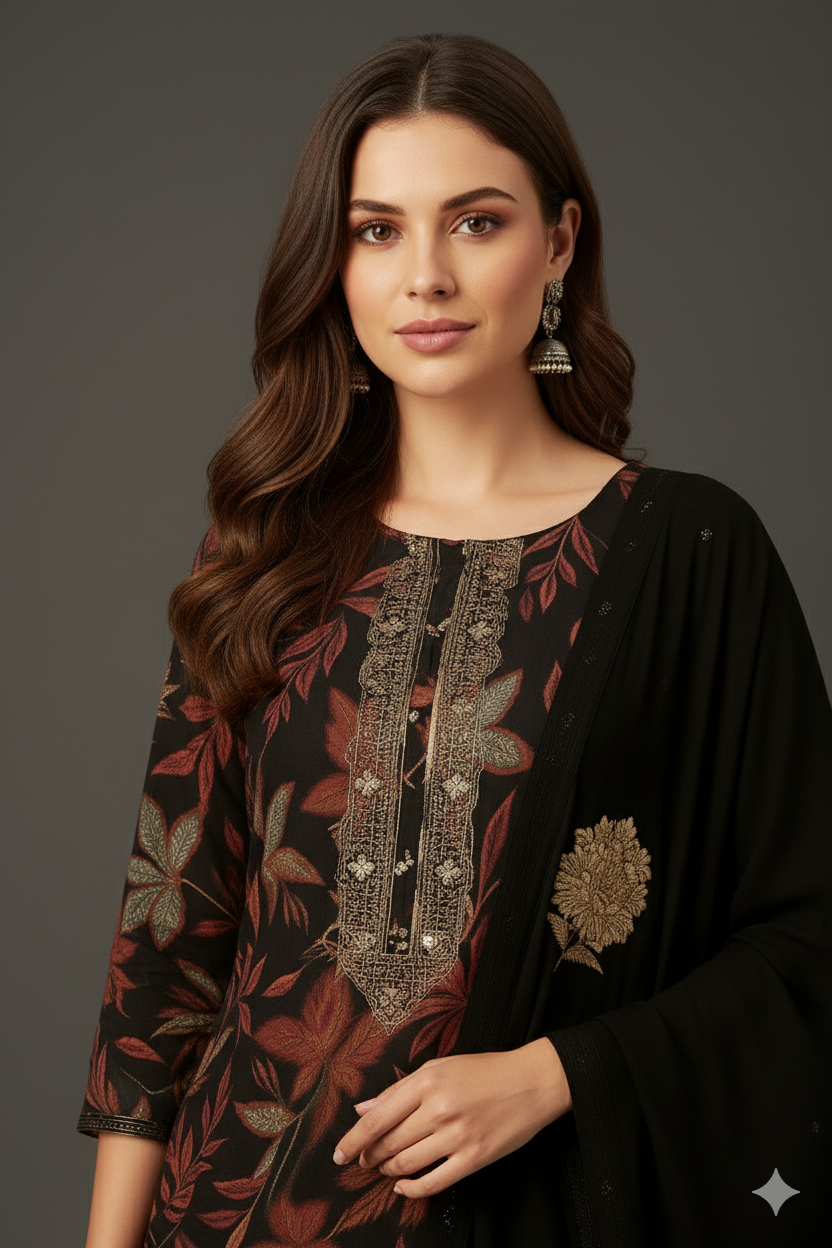 Women's Elegant Black Floral Printed Kurta Set (SKD) with Dupatta | Ethnic Party & Festive Wear