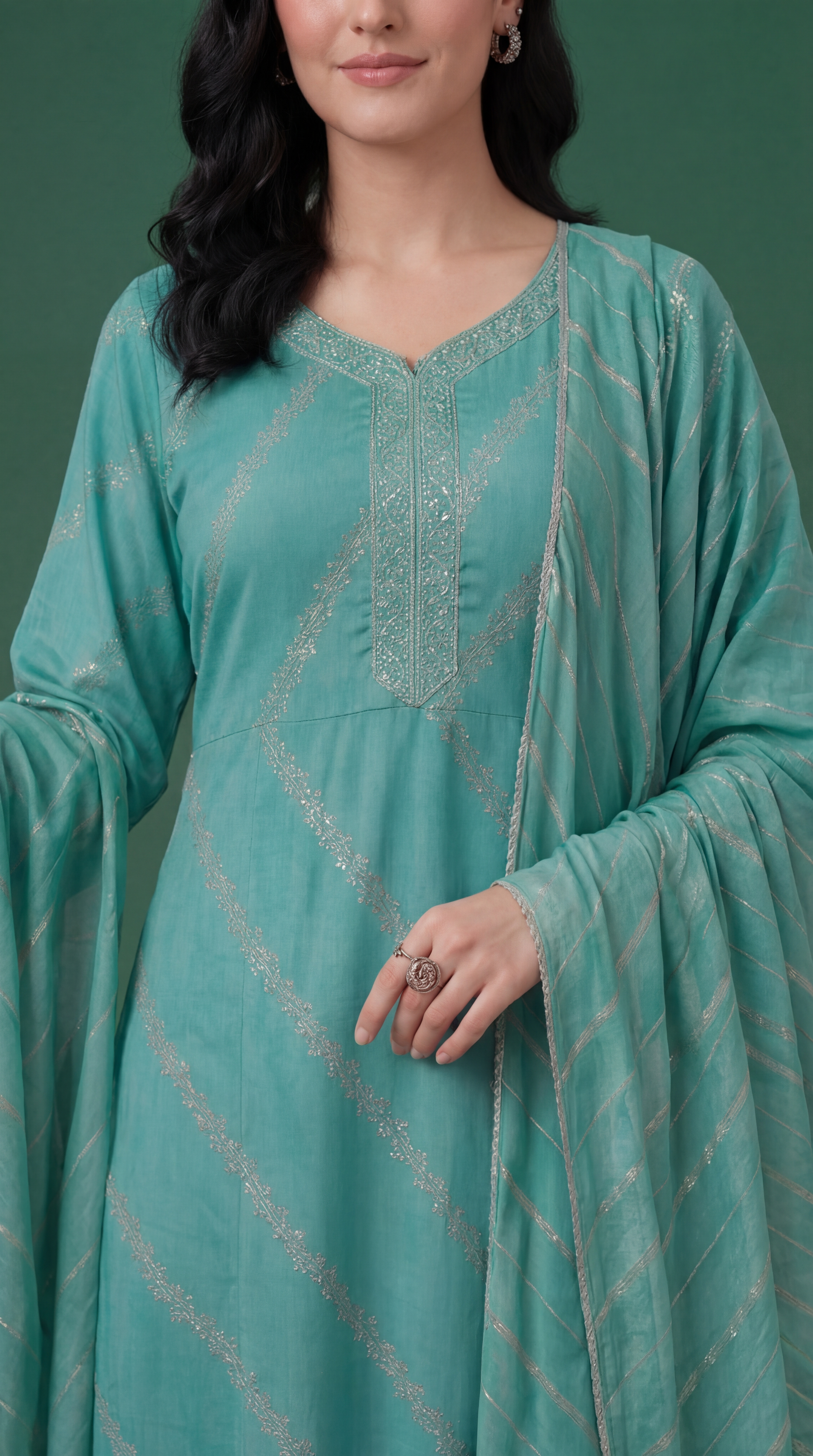 Women's Turquoise & Silver Embroidered Cotton Anarkali Kurta Set with Dupatta
