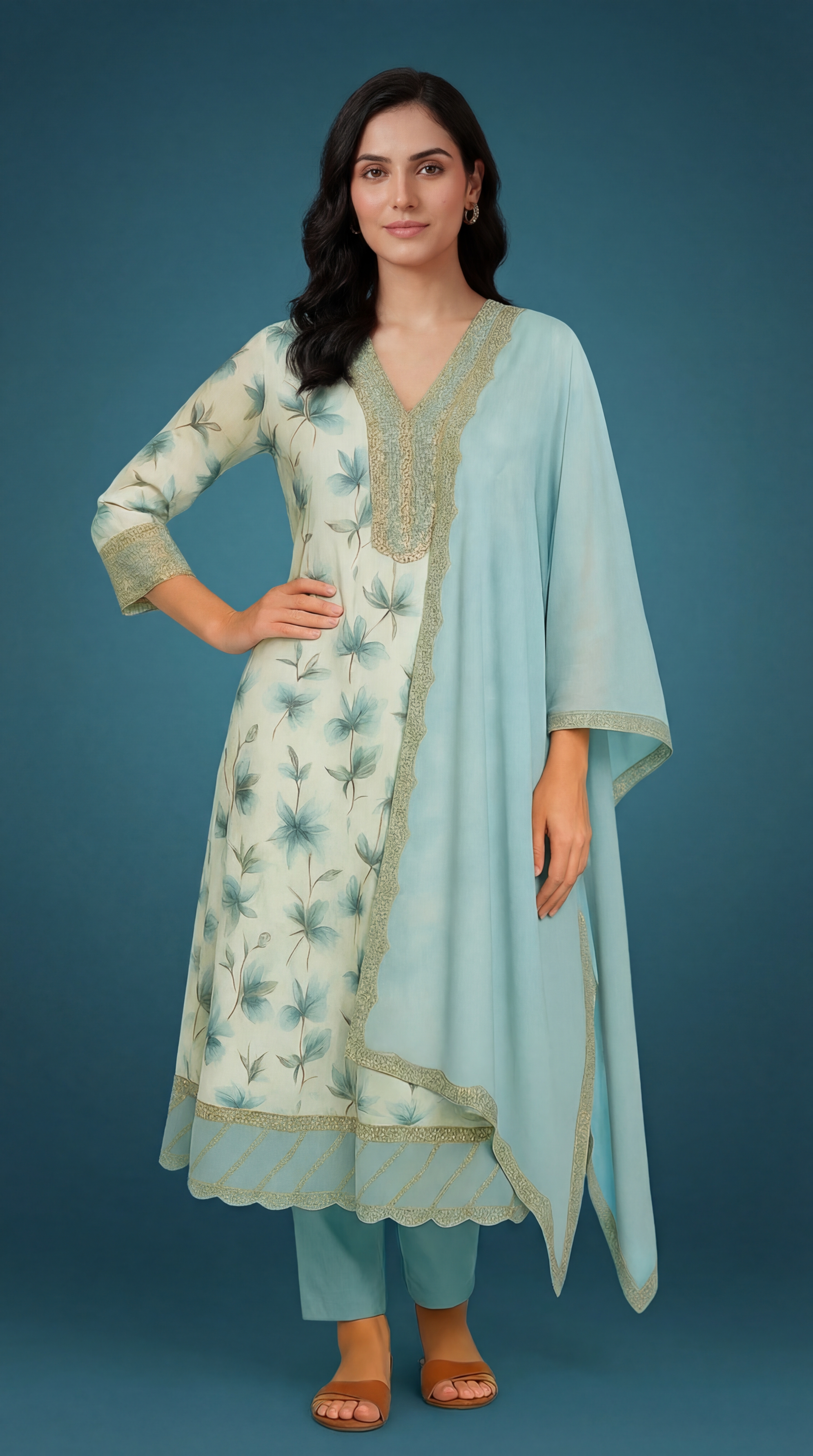 Women's Aqua Blue Floral Printed Cotton Anarkali Kurta Set with Dupatta & Sequin Work