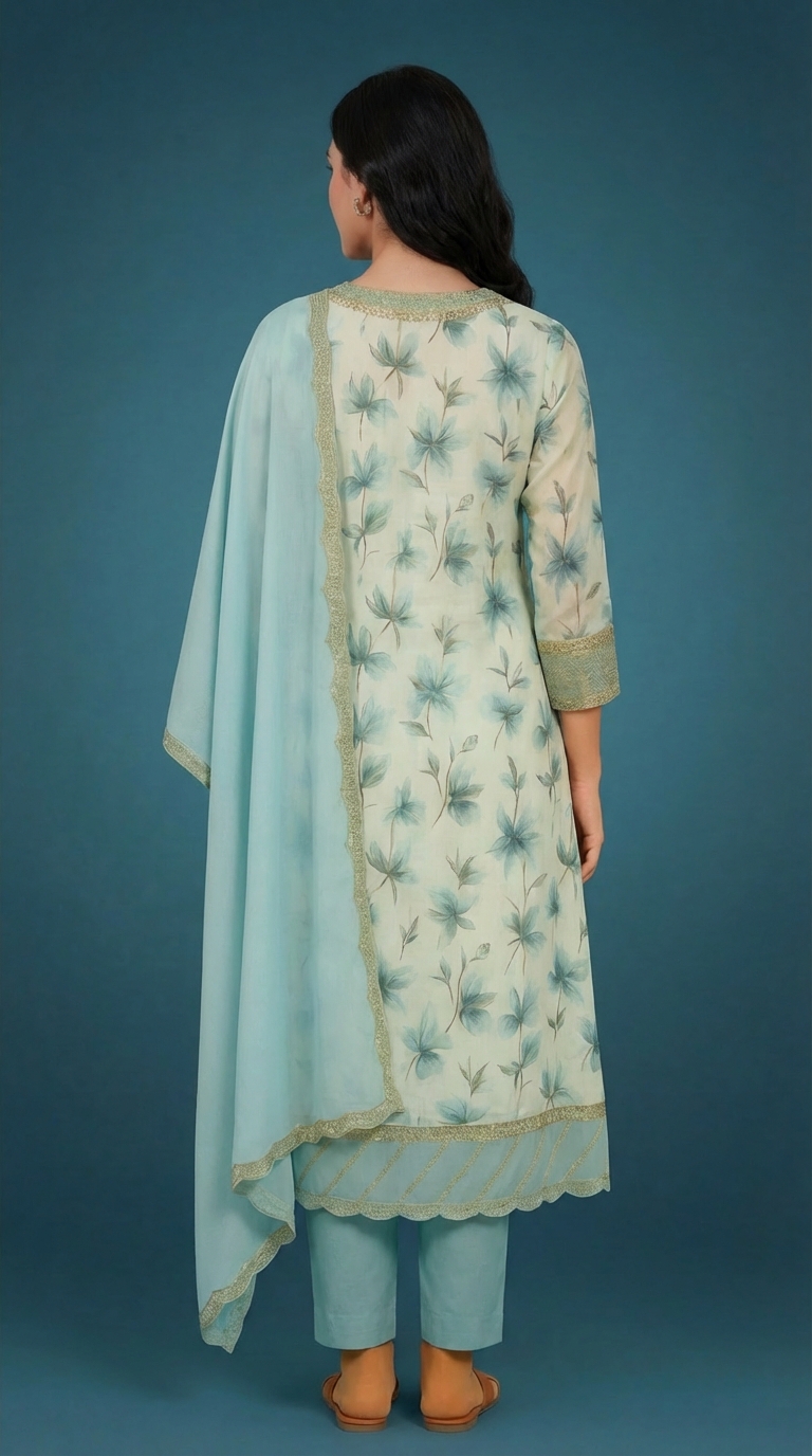 Women's Aqua Blue Floral Printed Cotton Anarkali Kurta Set with Dupatta & Sequin Work