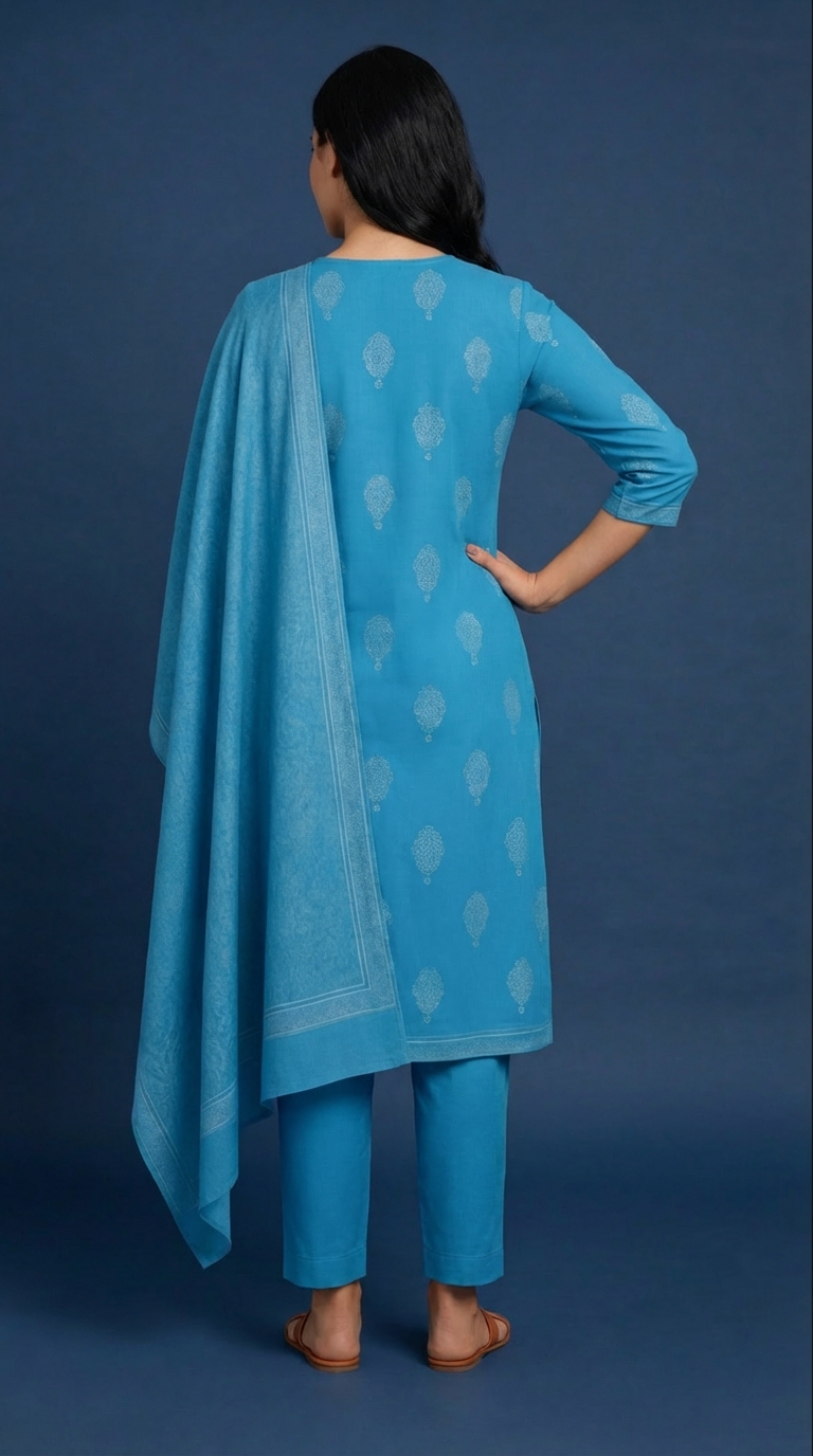 Women's Blue Pure Cotton Kurta Set | Printed Kurti with Tassel Detailing | Salwar & Dupatta | Casual & Office Wear