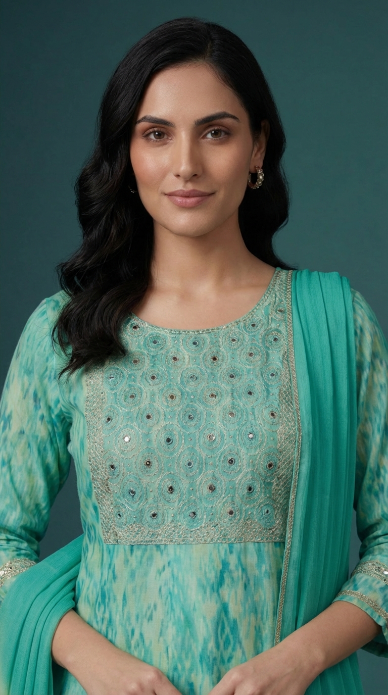 Women's Aqua Green Embroidered Cotton Kurta Sharara Set with Tie-Dye Dupatta