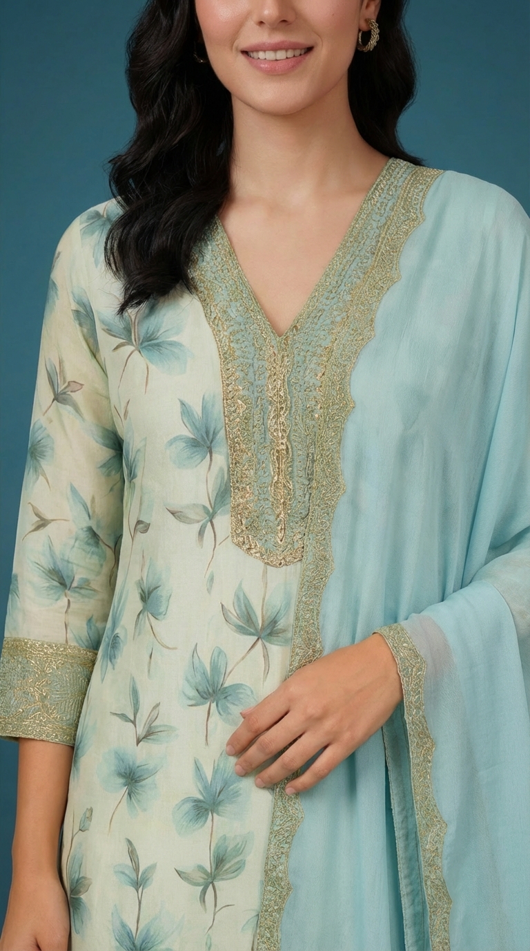 Women's Aqua Blue Floral Printed Cotton Anarkali Kurta Set with Dupatta & Sequin Work