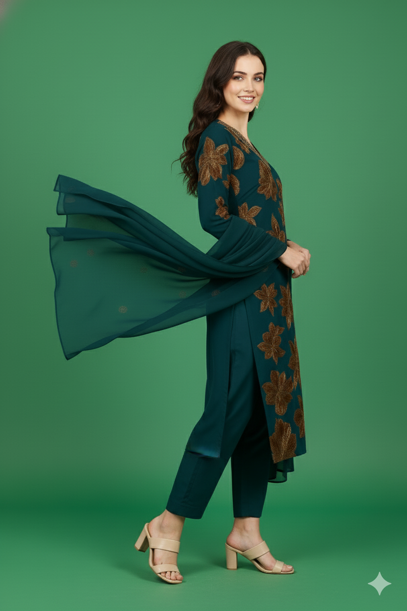 Designer Green Floral Embroidered Kurta Pant Dupatta Set | Festive Georgette Ethnic Suit for Women