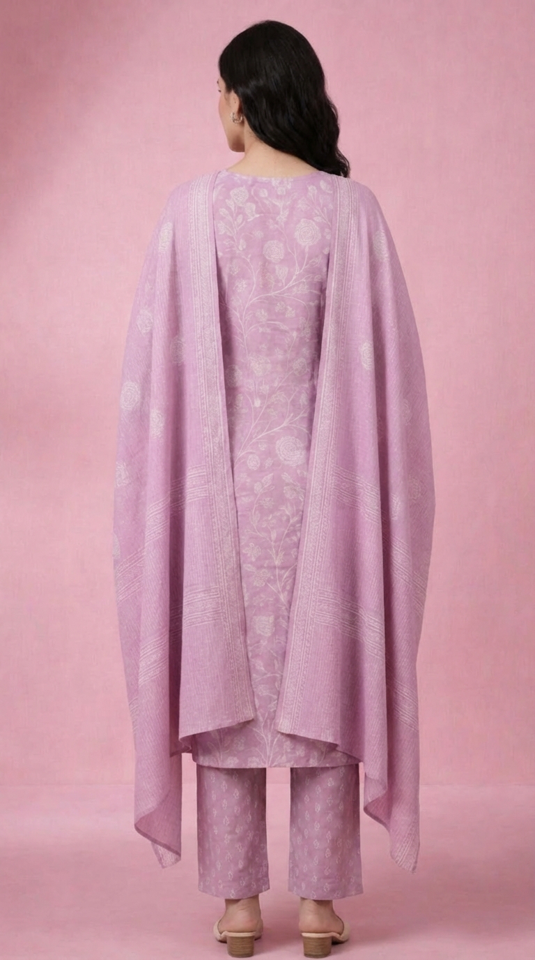 Women's Lavender Pink Pure Cotton Kurta Set | Printed Kurti with Salwar & Dupatta | Casual & Daily Wear Ethnic Suit