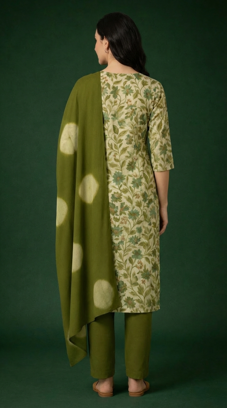 Women's Green Floral Printed Muslin Cotton Kurta Set with Asymmetric Kaftan Style Dupatta