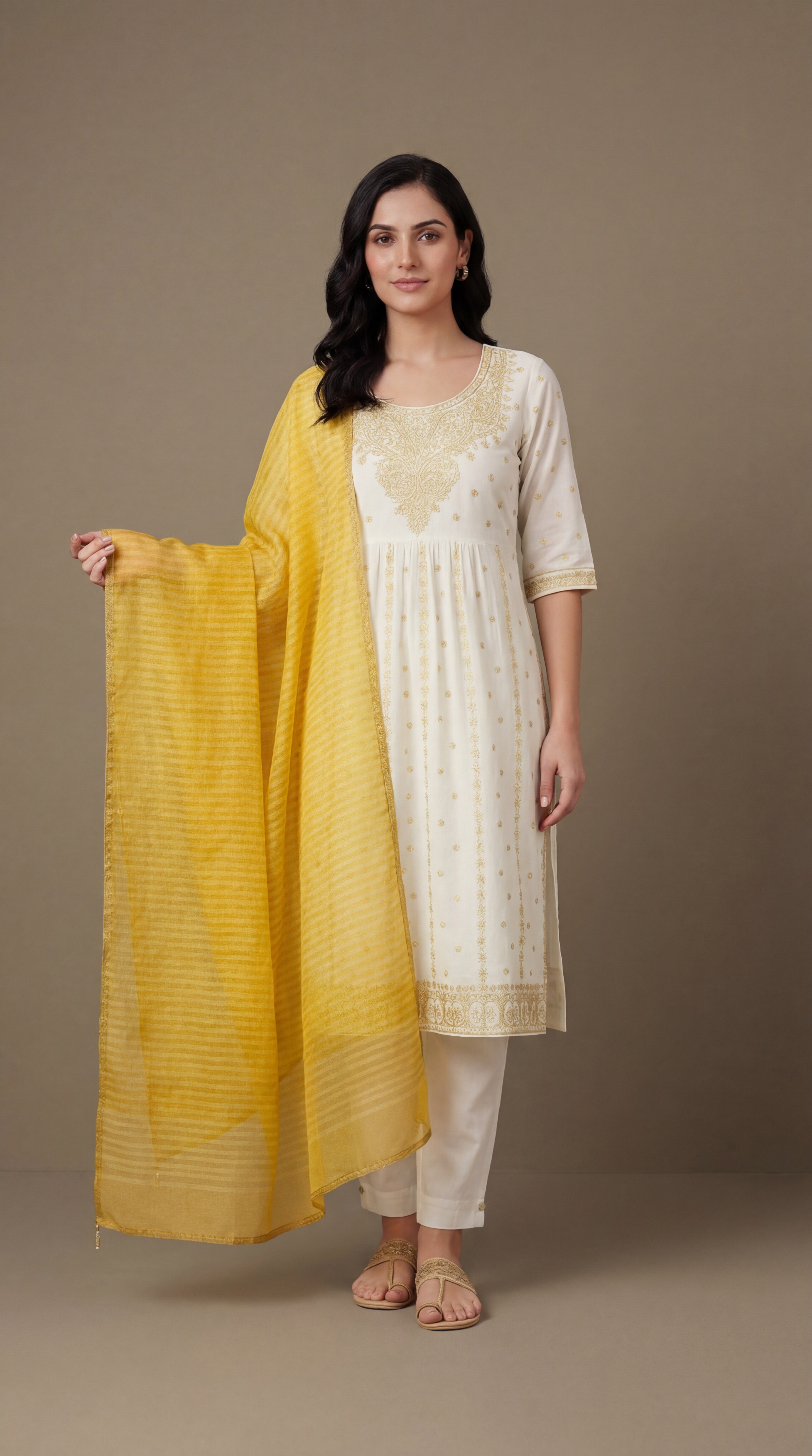 Women's White & Gold Embroidered Cotton Anarkali Kurta Set with Tie-Dye Dupatta
