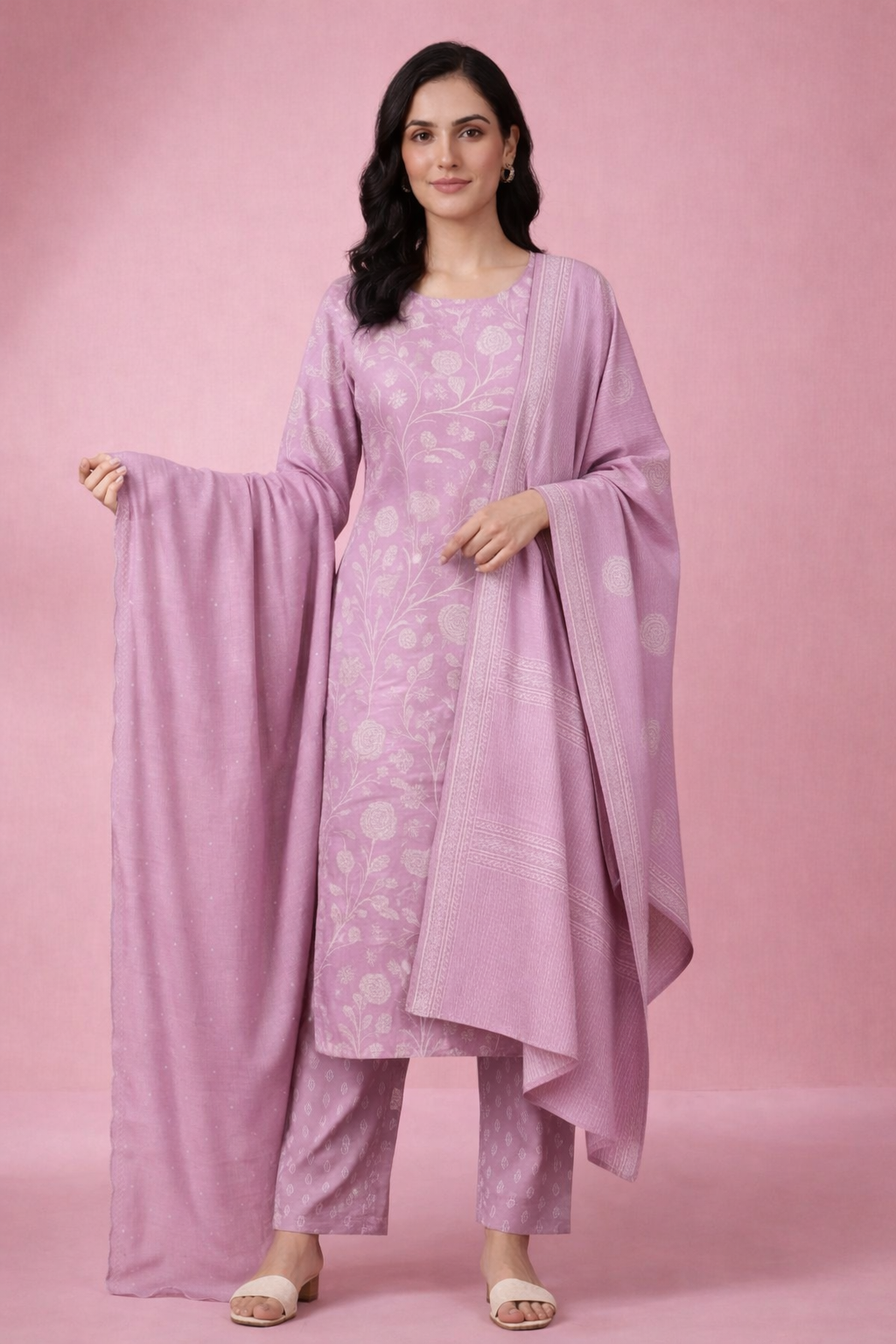 Women's Lavender Pink Pure Cotton Kurta Set | Printed Kurti with Salwar & Dupatta | Casual & Daily Wear Ethnic Suit