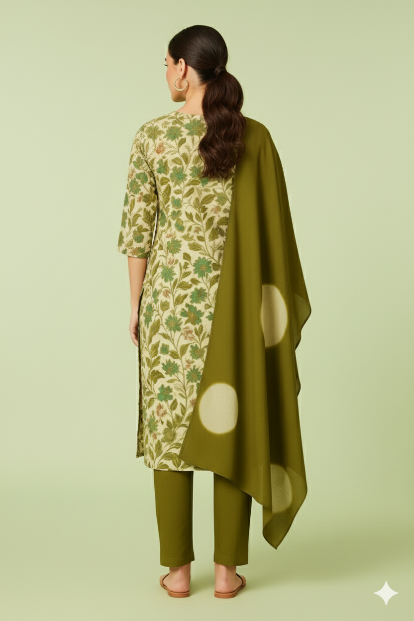 Women's Green Floral Printed Muslin Cotton Kurta Set with Asymmetric Kaftan Style Dupatta
