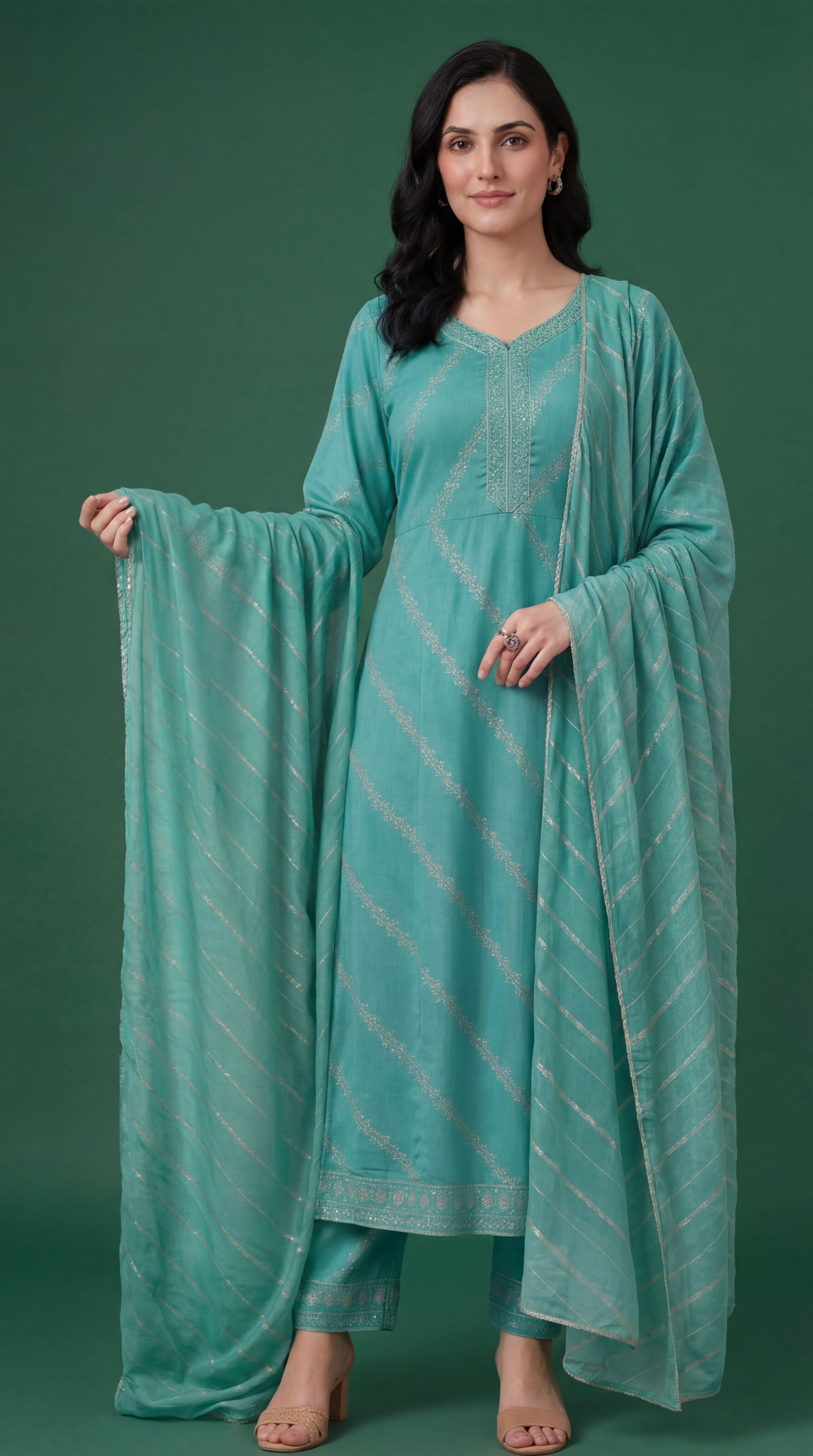 Women's Turquoise & Silver Embroidered Cotton Anarkali Kurta Set with Dupatta