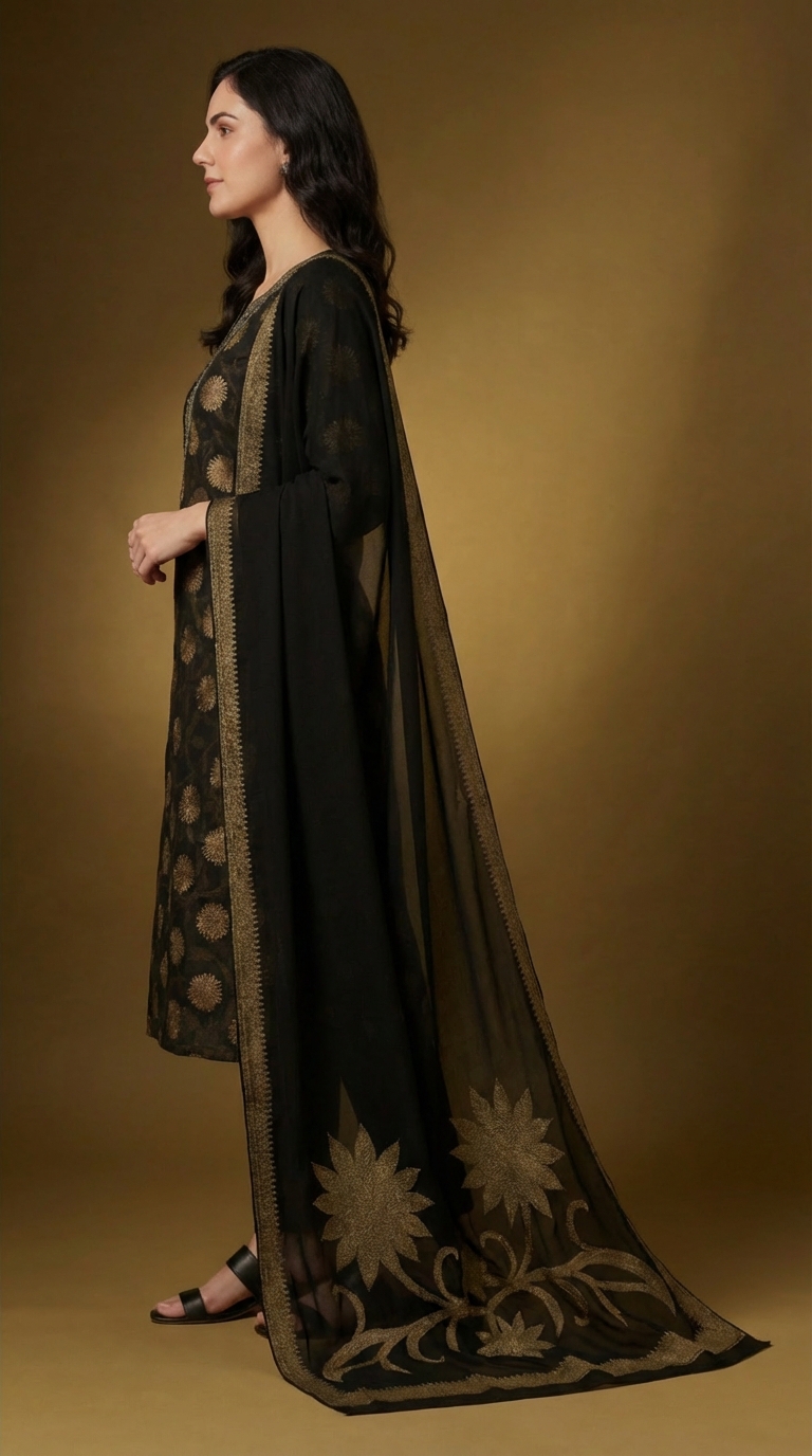 Women's Black & Gold Floral Printed Cotton Kurta Set with Dupatta – Festive & Party Wear