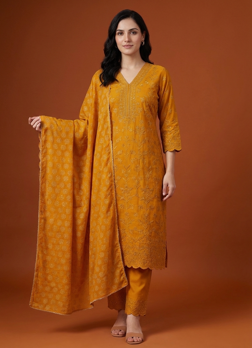 Women's Orange & Gold Embroidered Cotton Kurta Set with Dupatta – Festive & Party Wear