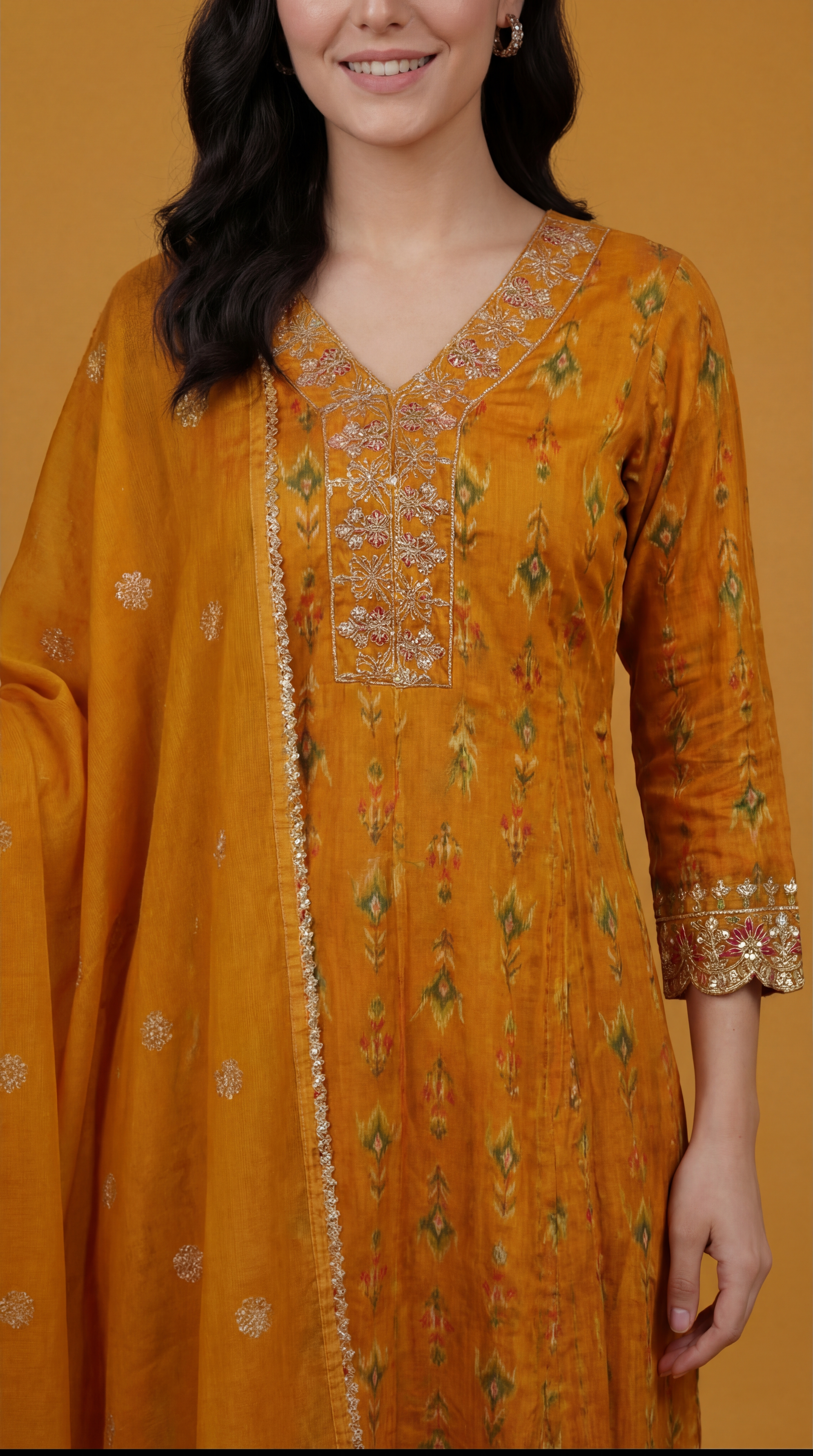 Pure Heavy Chiffon Mustard Floral Printed & Silver Embroidered Kurta Set | 3-Piece Festive Salwar Suit with Dupatta