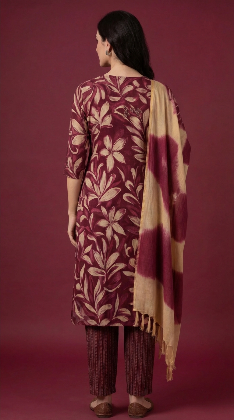 Women's Maroon Cotton Kurta Salwar Dupatta Set | Floral Printed Kurti with Tie-Dye Dupatta | Casual & Festive Ethnic Wear