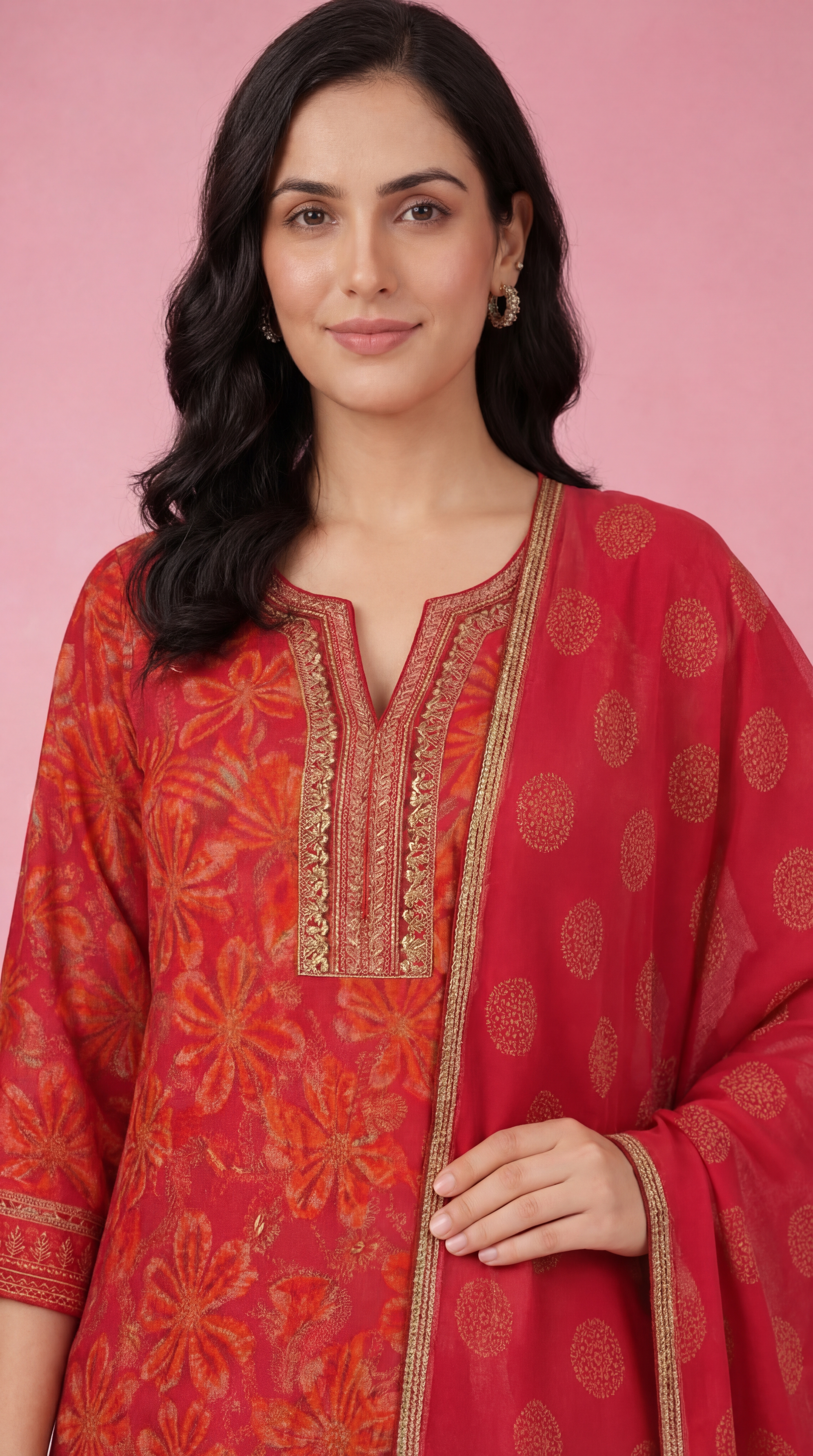 Women's Red Floral Printed Cotton Kurta Set with Palazzo & Embellished Dupatta