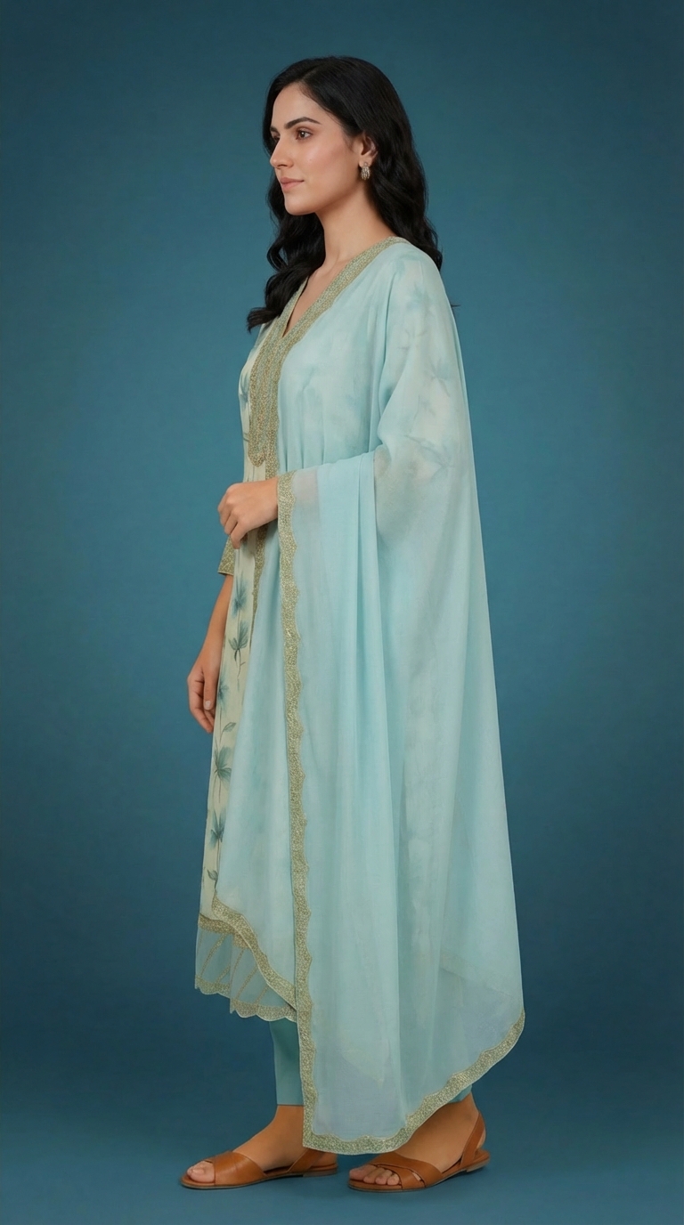 Women's Aqua Blue Floral Printed Cotton Anarkali Kurta Set with Dupatta & Sequin Work