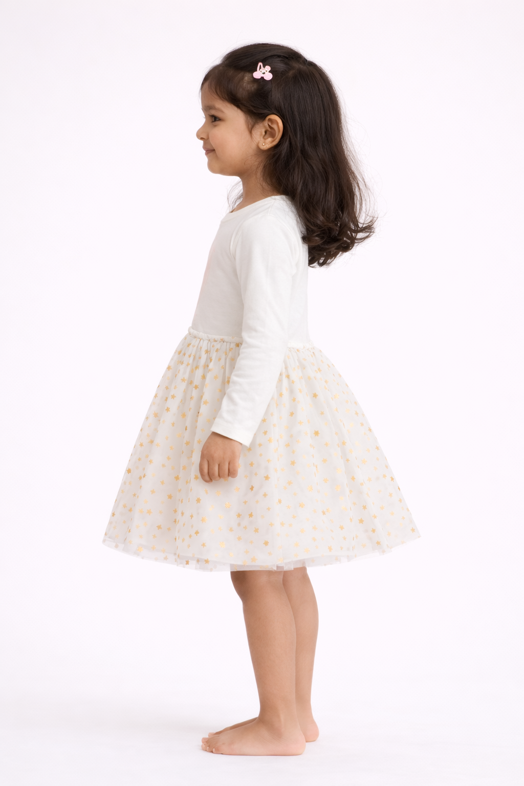 Girls White Unicorn Printed Party Dress with Gold Star Net Skirt