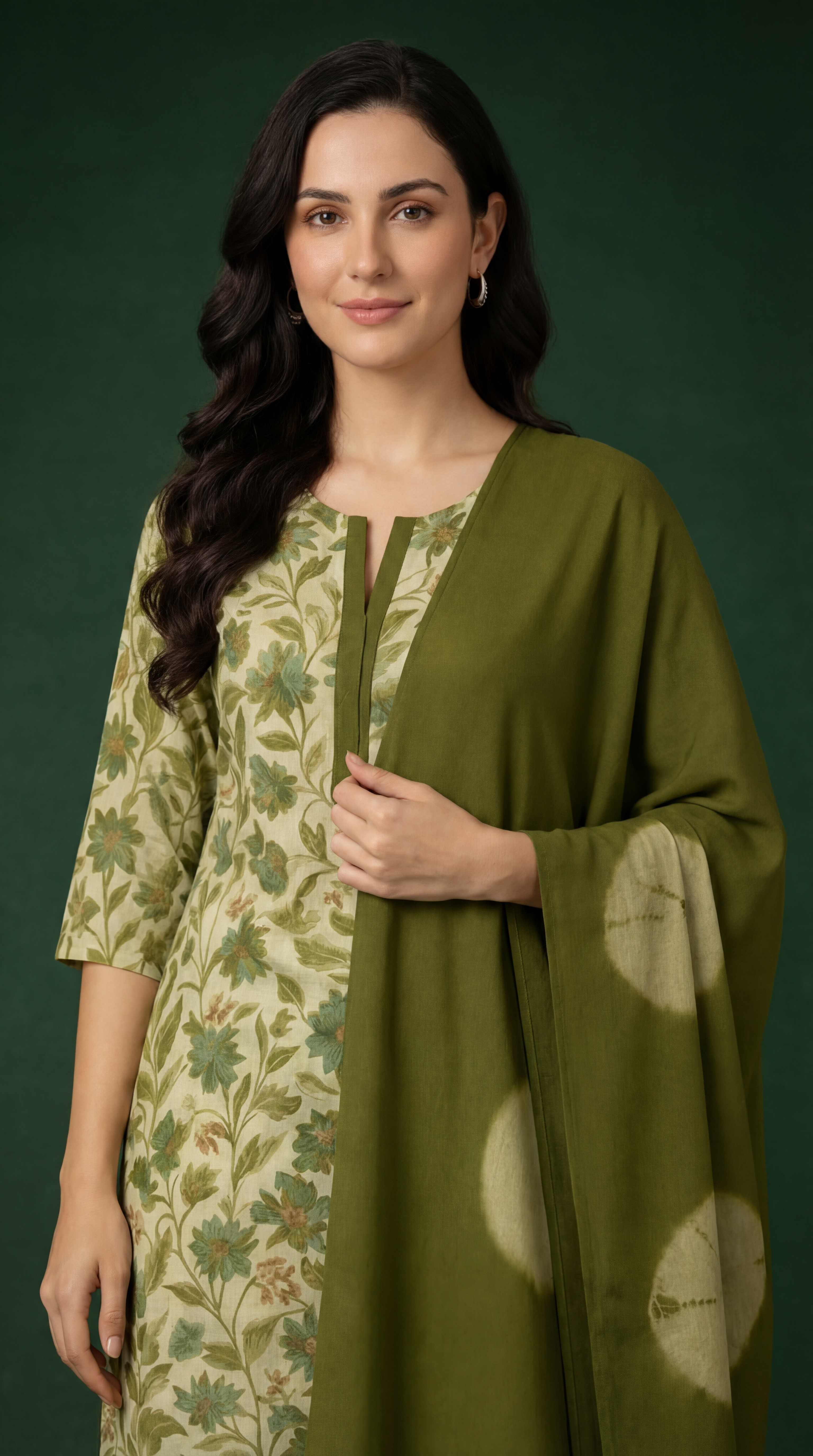 Women's Green Floral Printed Muslin Cotton Kurta Set with Asymmetric Kaftan Style Dupatta