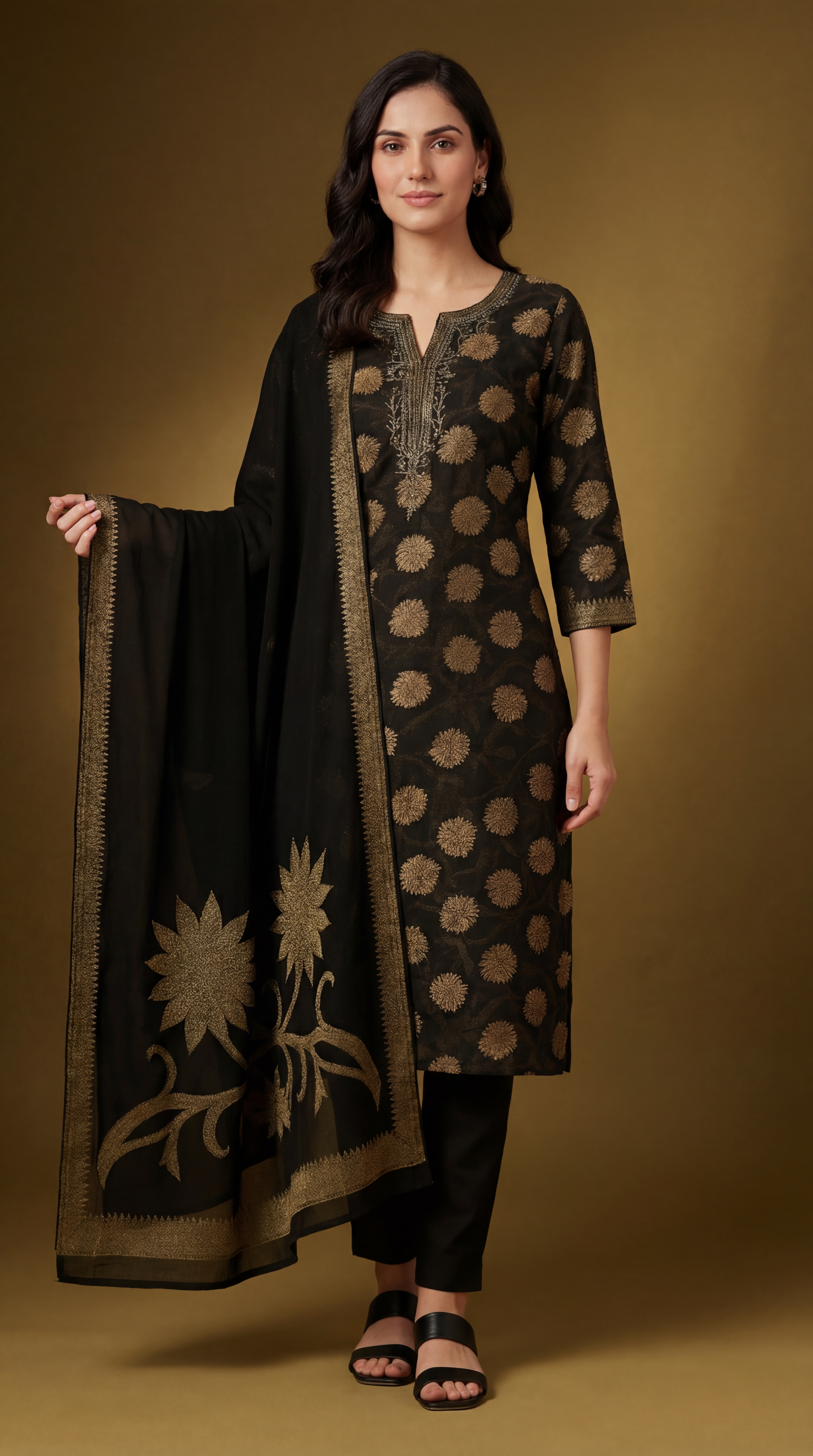 Women's Black & Gold Floral Printed Cotton Kurta Set with Dupatta – Festive & Party Wear