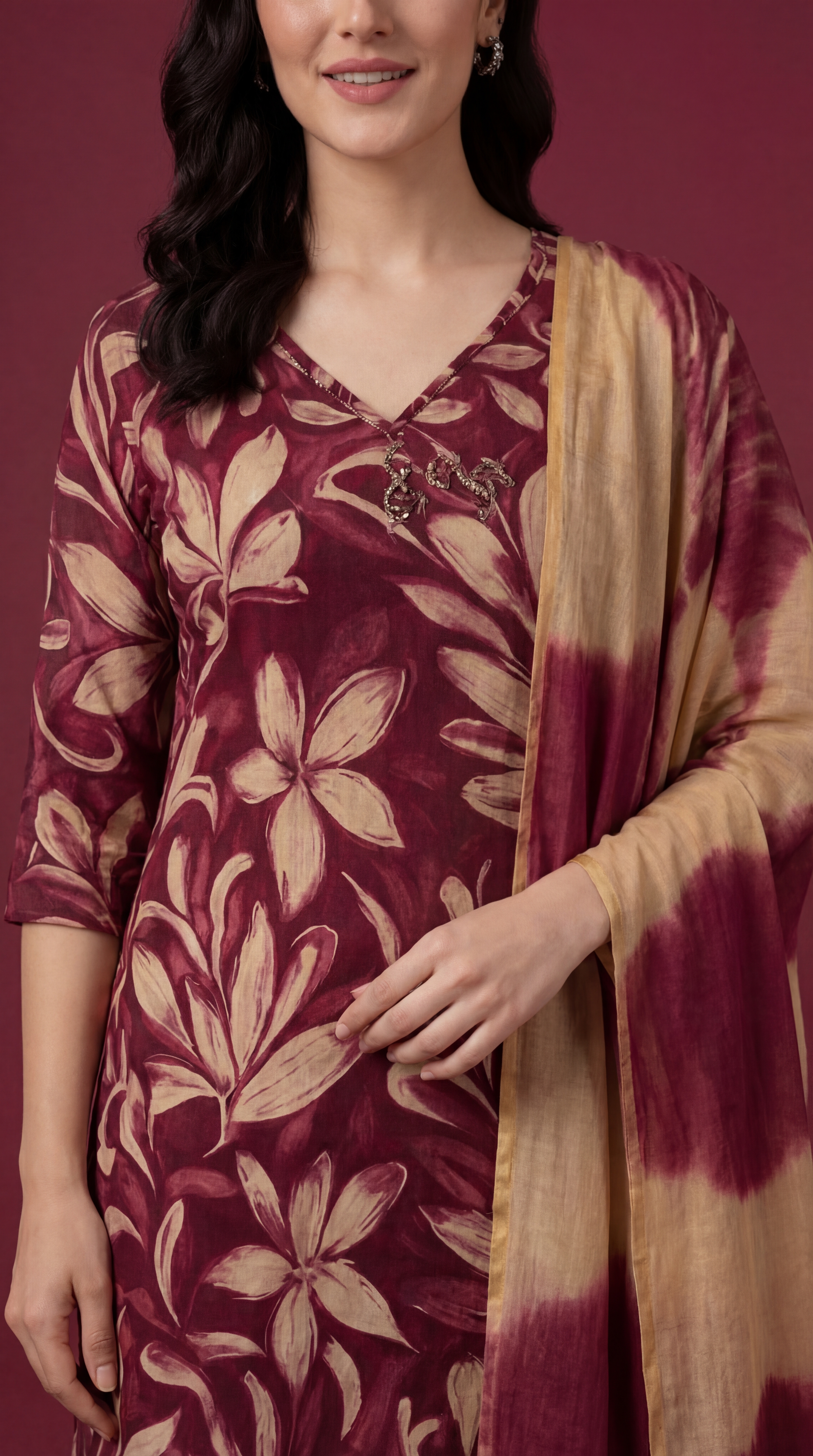 Women's Maroon Cotton Kurta Salwar Dupatta Set | Floral Printed Kurti with Tie-Dye Dupatta | Casual & Festive Ethnic Wear